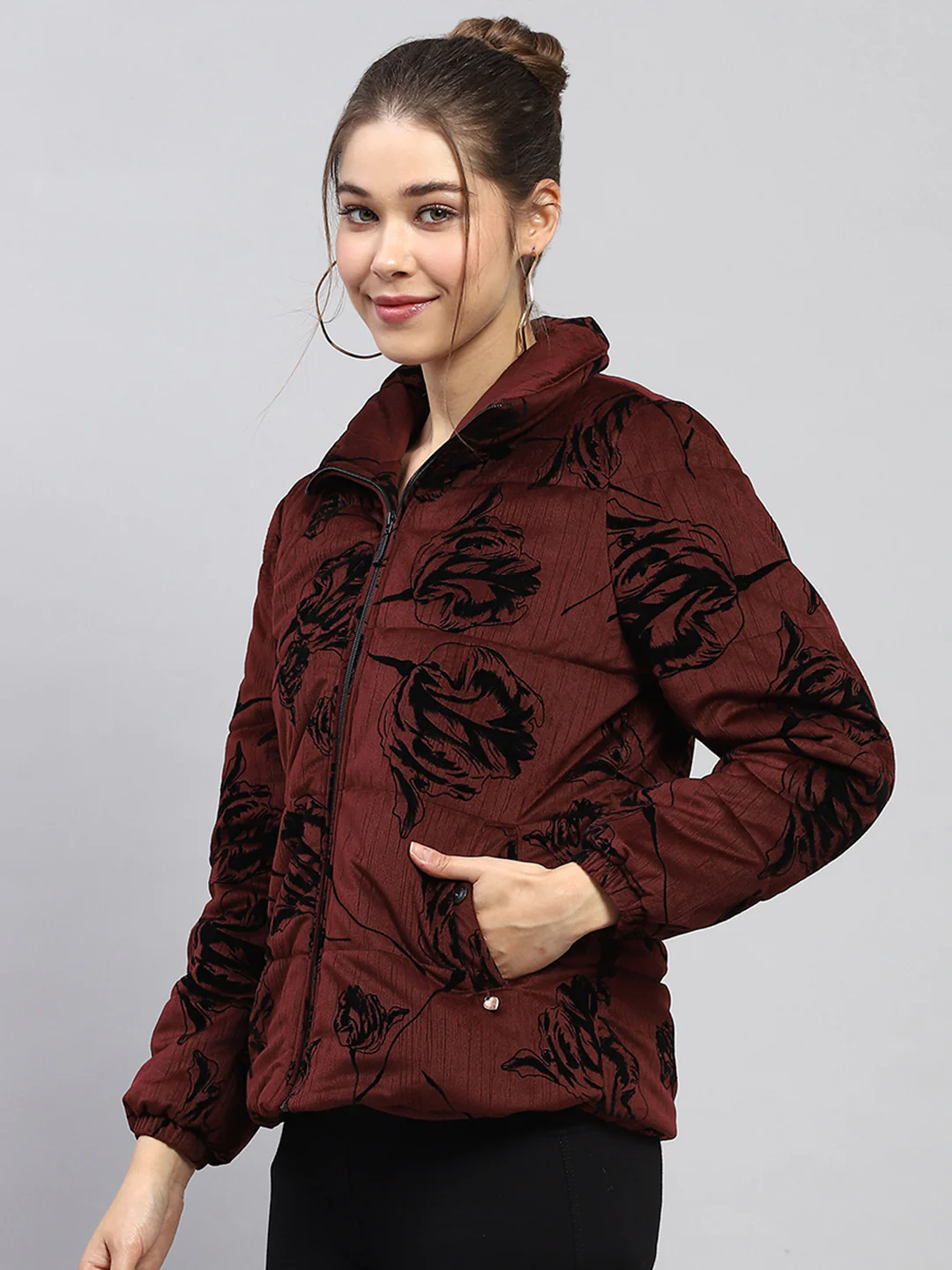 Women Maroon Printed Collar Full Sleeve Jacket - Image 3
