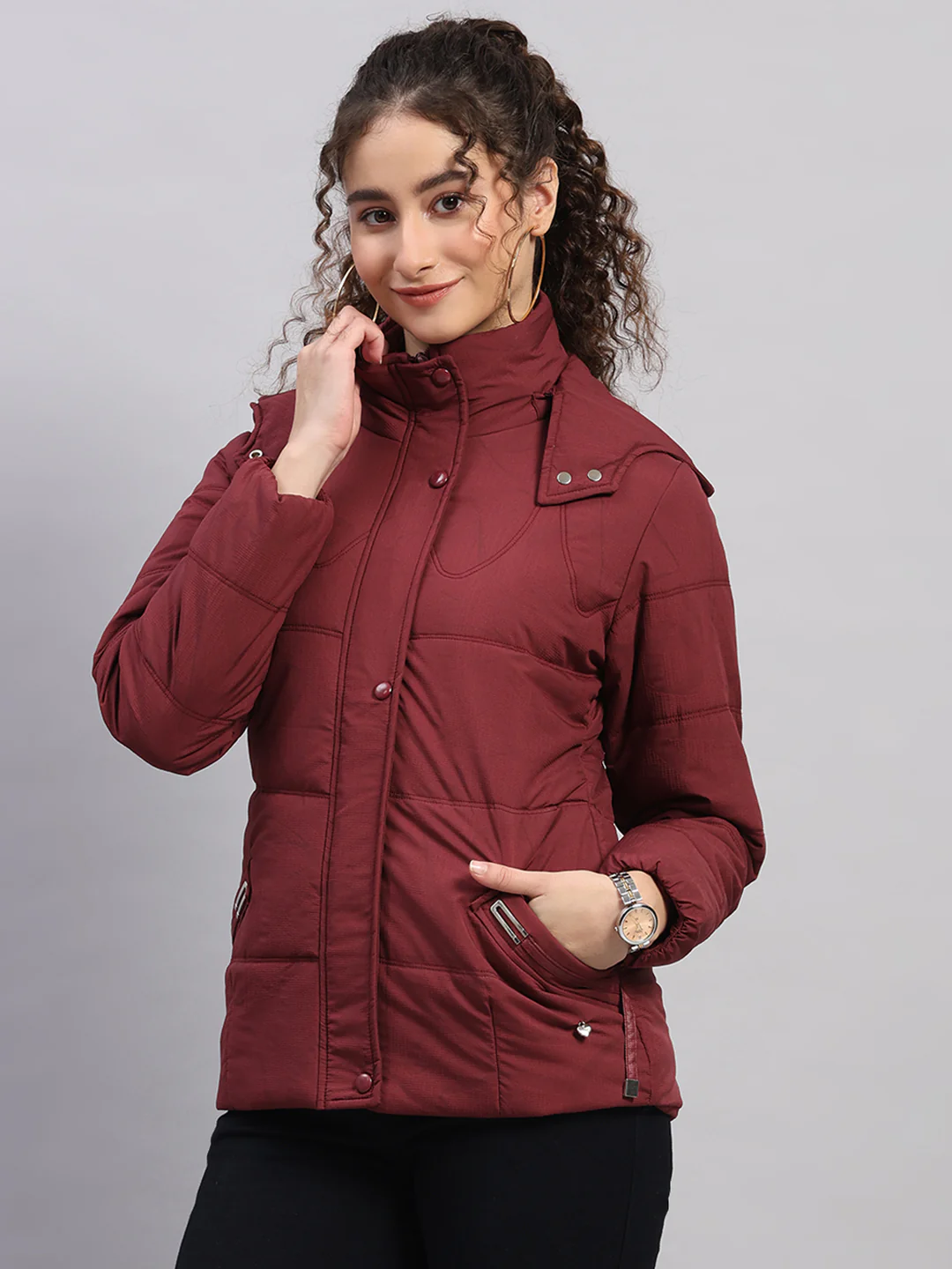 Women Maroon Printed Hooded Full Sleeve Jacket - Image 3