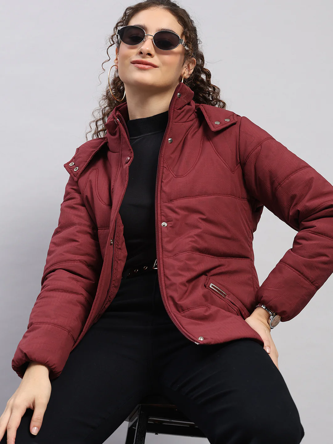 Women Maroon Printed Hooded Full Sleeve Jacket - Image 6