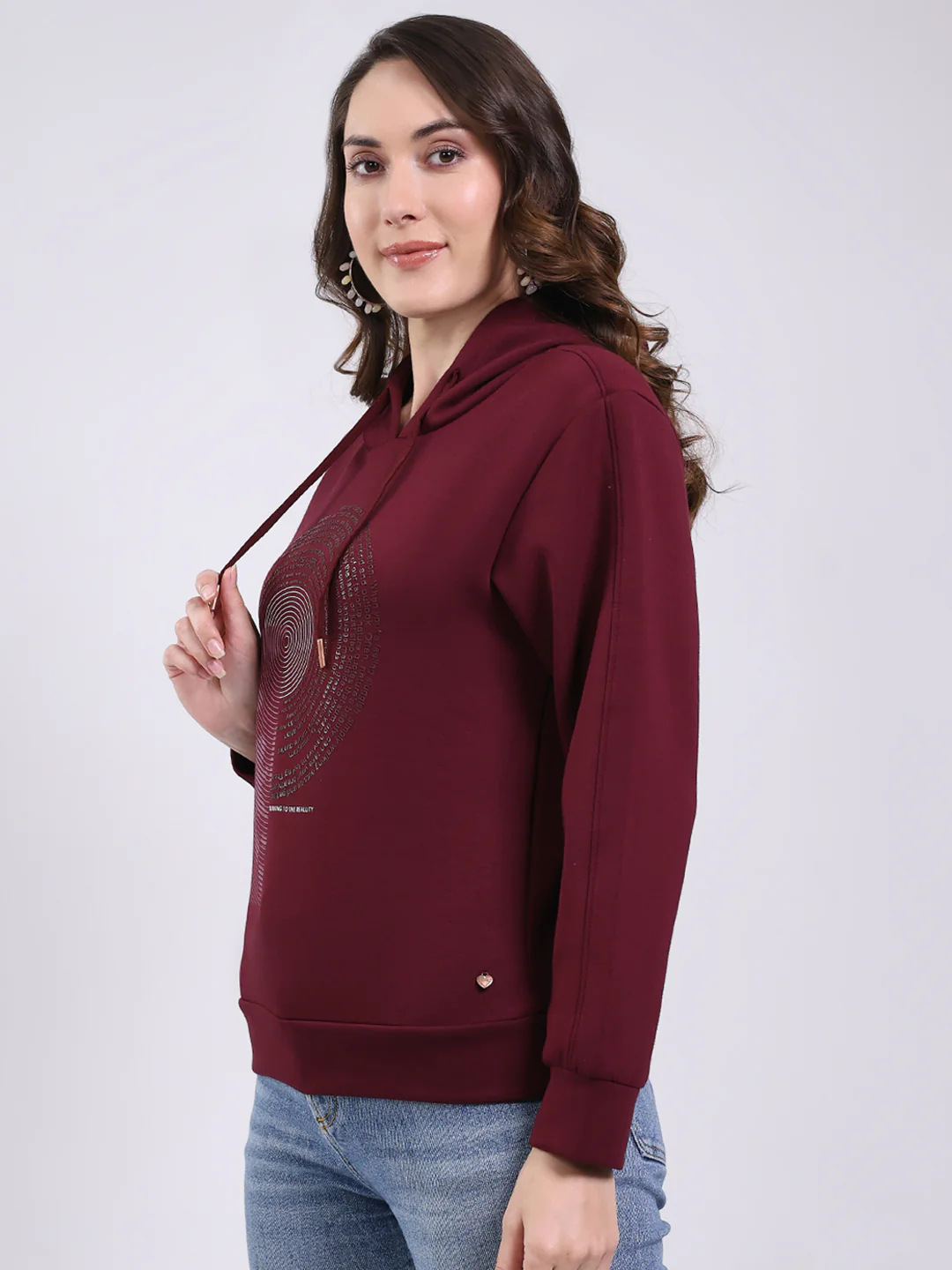 Women Maroon Printed Hooded Full Sleeve Sweatshirt - Image 3