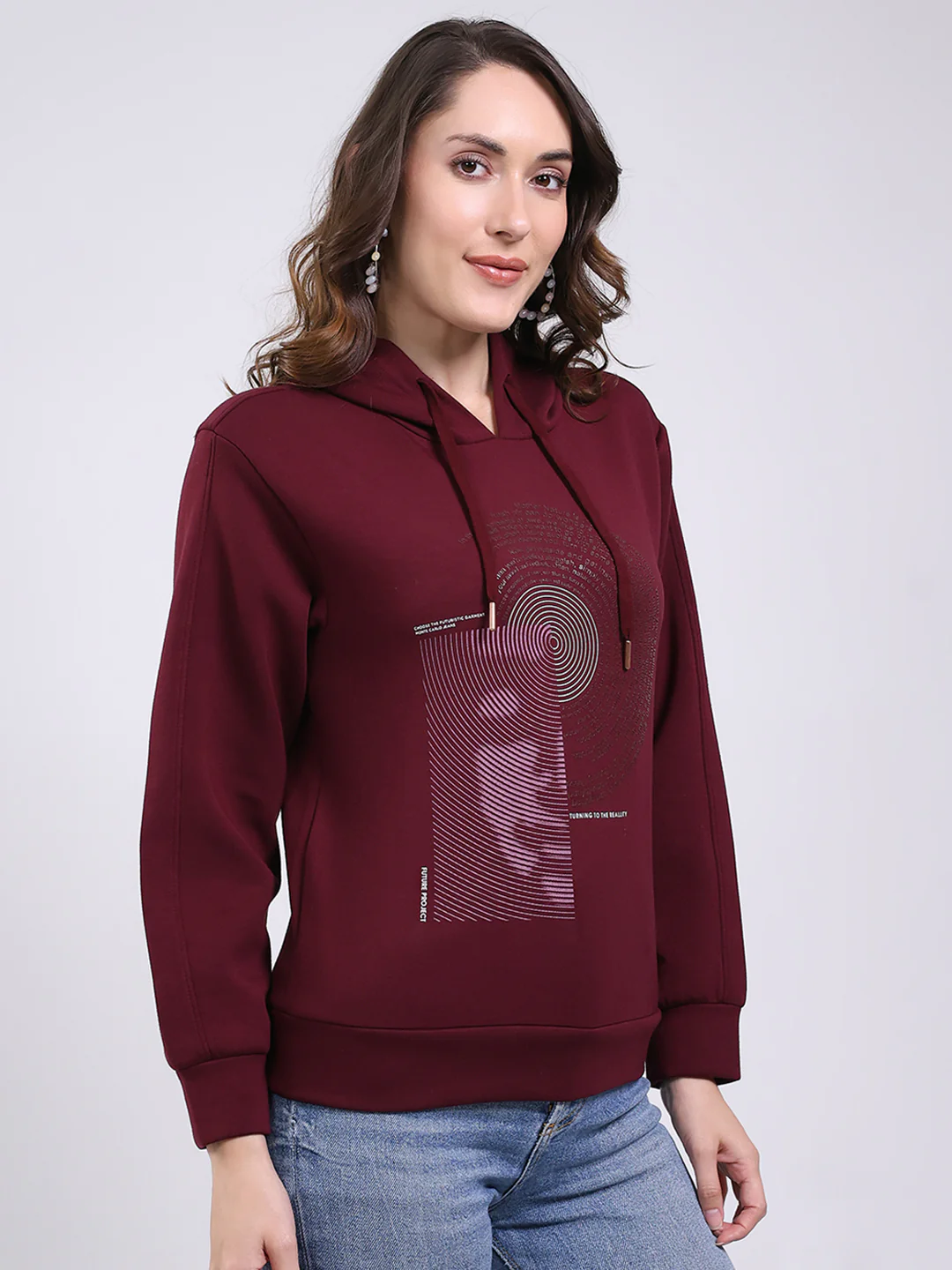 Women Maroon Printed Hooded Full Sleeve Sweatshirt - Image 4
