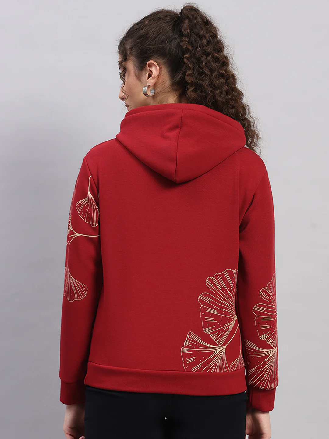 Women Maroon Printed Hooded Full Sleeve Sweatshirt - Image 5