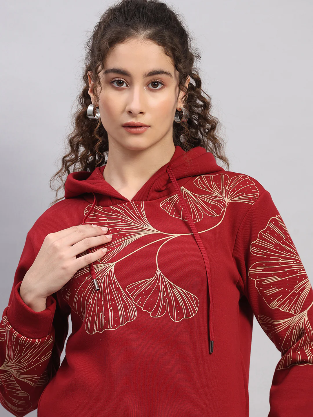 Women Maroon Printed Hooded Full Sleeve Sweatshirt - Image 7