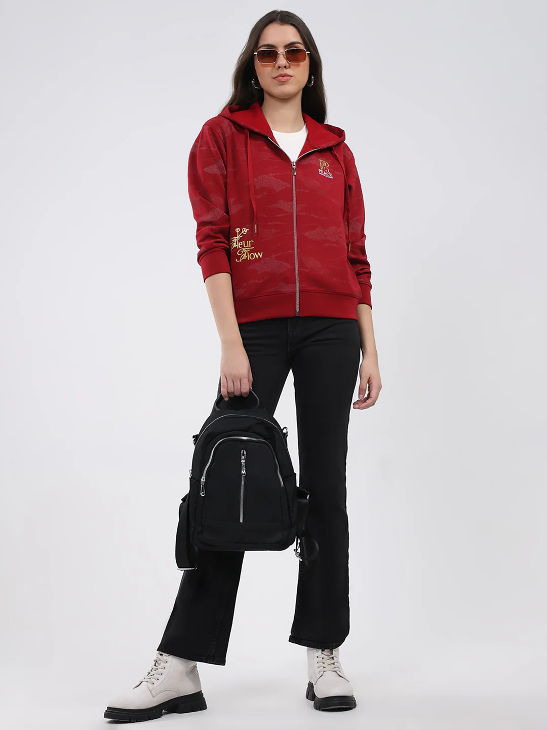 Women Maroon Printed Hooded Full Sleeve Sweatshirt - Image 2