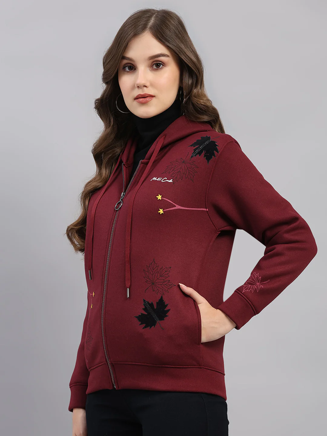 Women Maroon Printed Hooded Full Sleeve Sweatshirt - Image 3