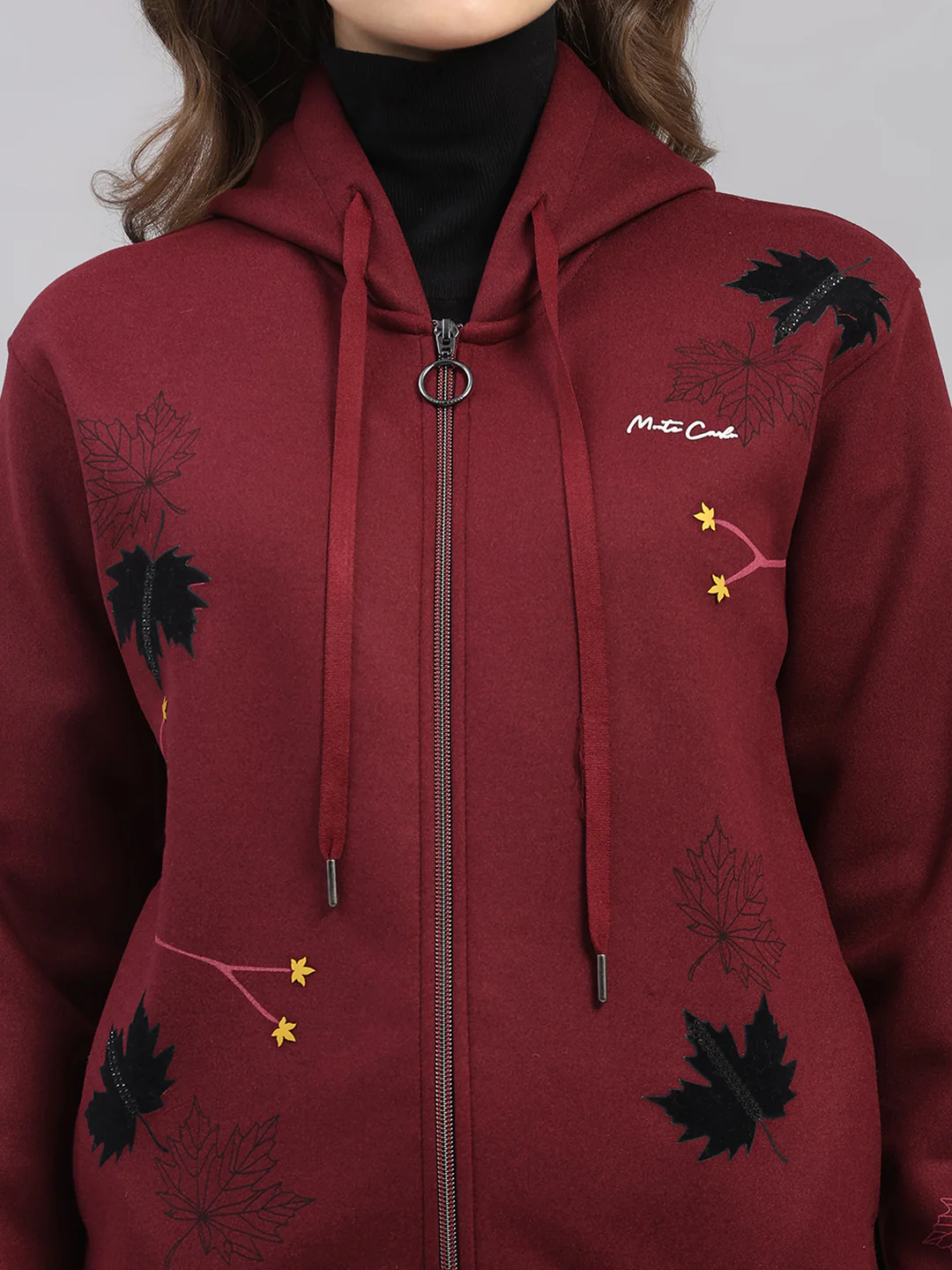 Women Maroon Printed Hooded Full Sleeve Sweatshirt - Image 7