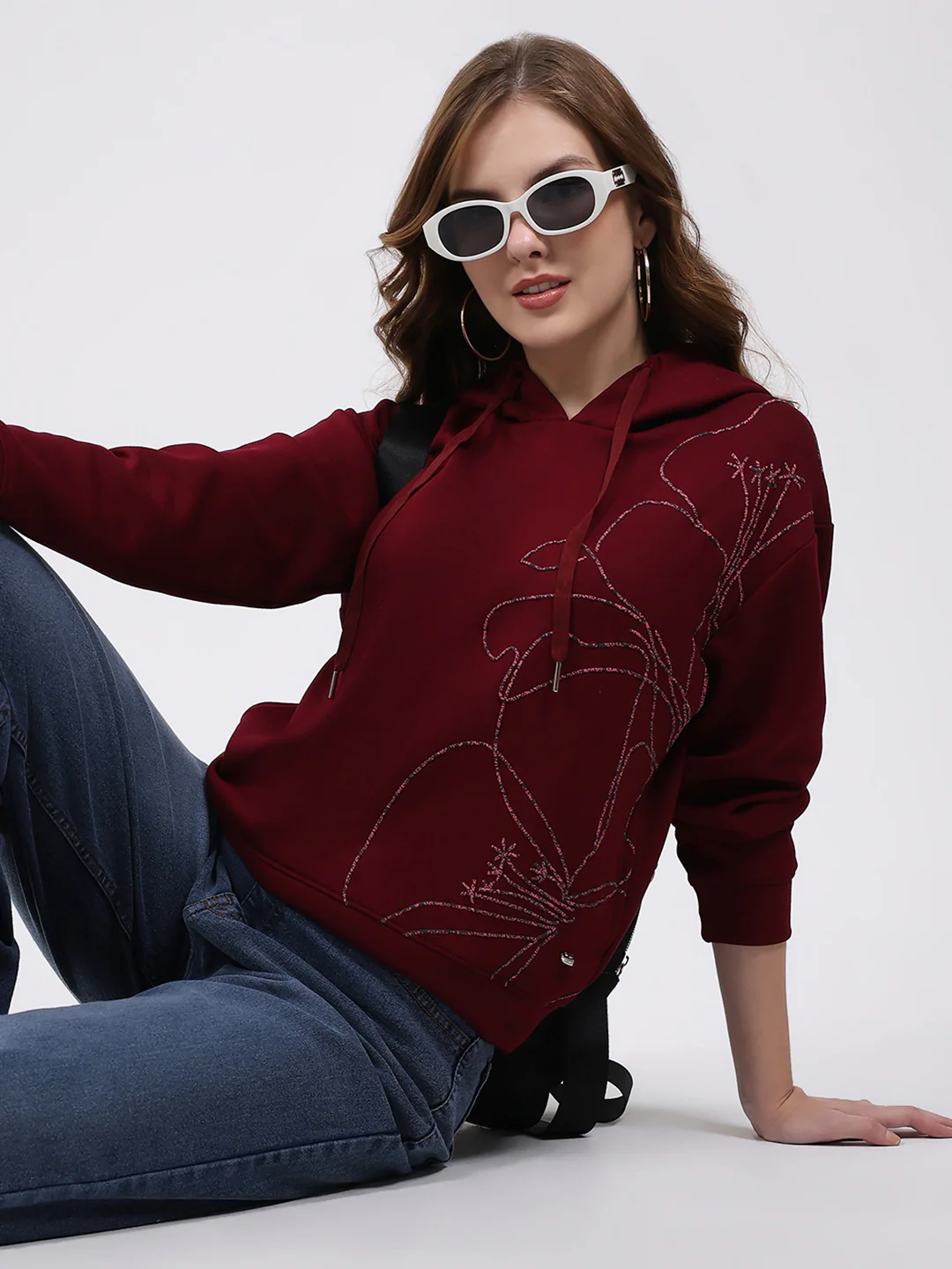 Women Maroon Printed Hooded Full Sleeve Winter Top - Image 6