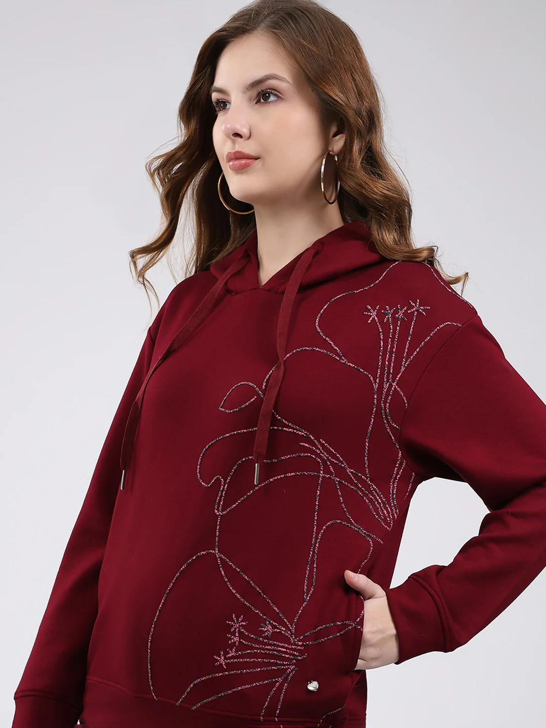 Women Maroon Printed Hooded Full Sleeve Winter Top - Image 8