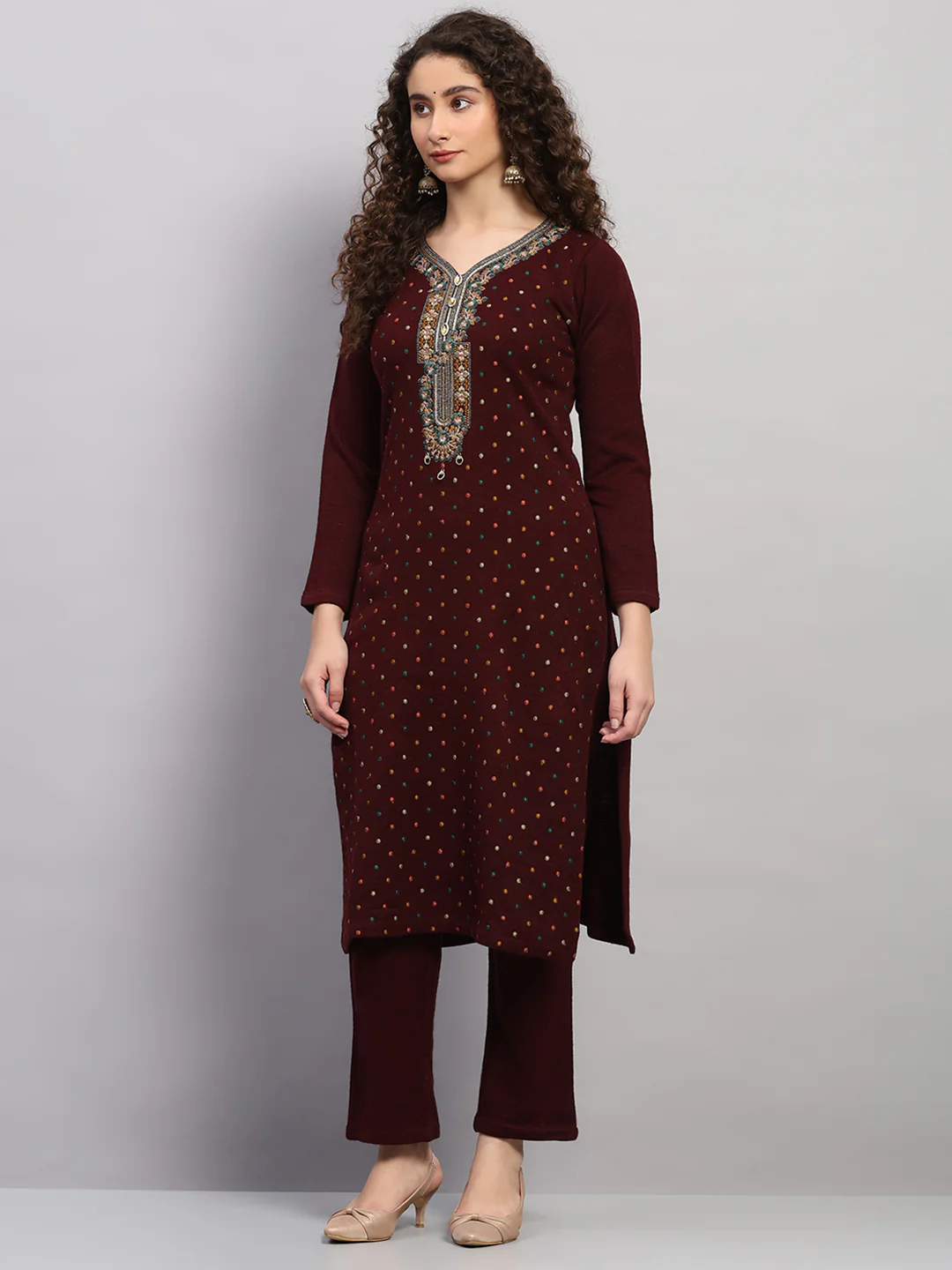 Women Maroon Printed Round Neck Full Sleeve 3 Pc Kurti Set for Winter - Image 3