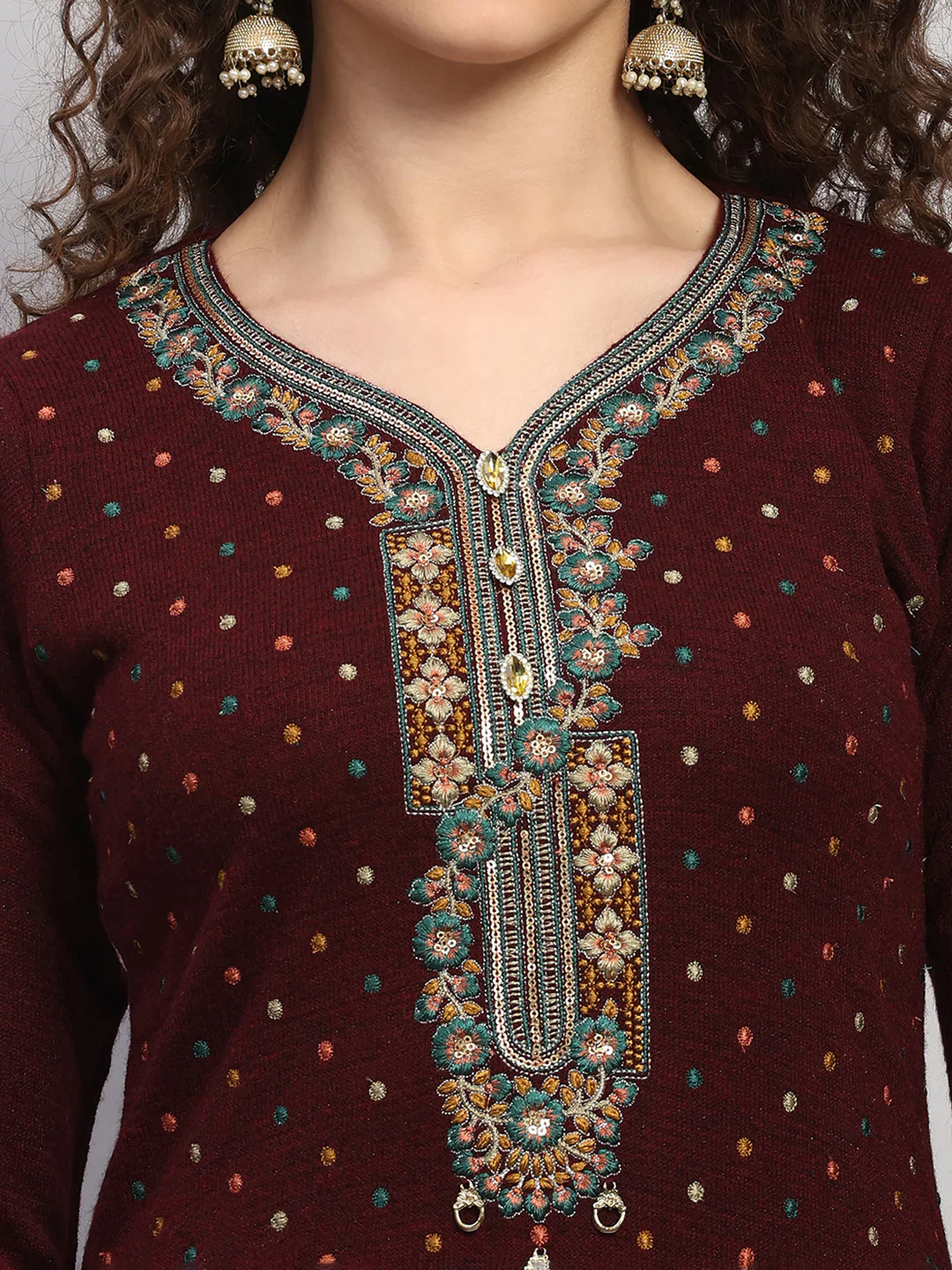 Women Maroon Printed Round Neck Full Sleeve 3 Pc Kurti Set for Winter - Image 6