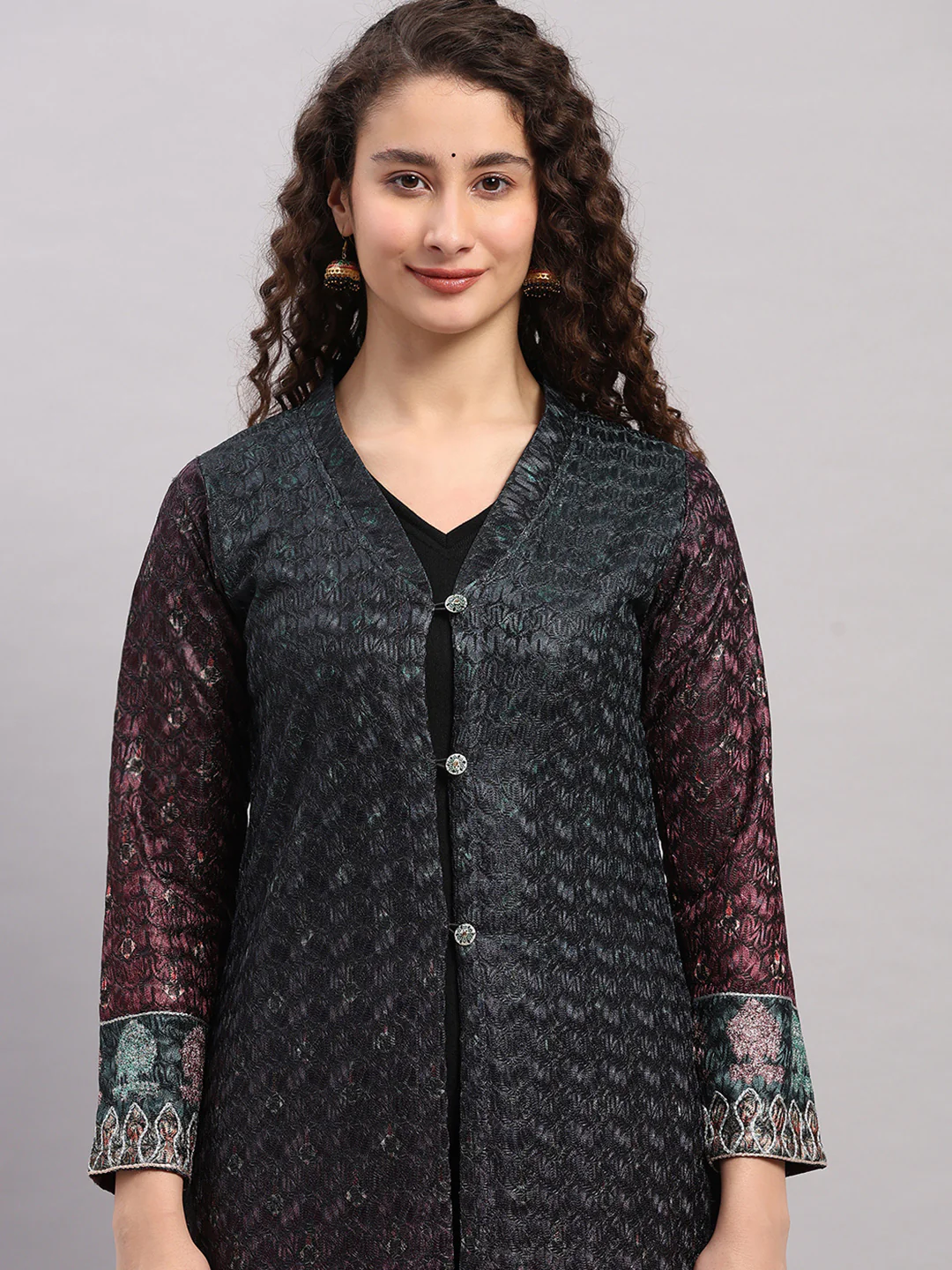 Women Maroon Printed Round Neck Full Sleeve Kurti Set for Winter - Image 7