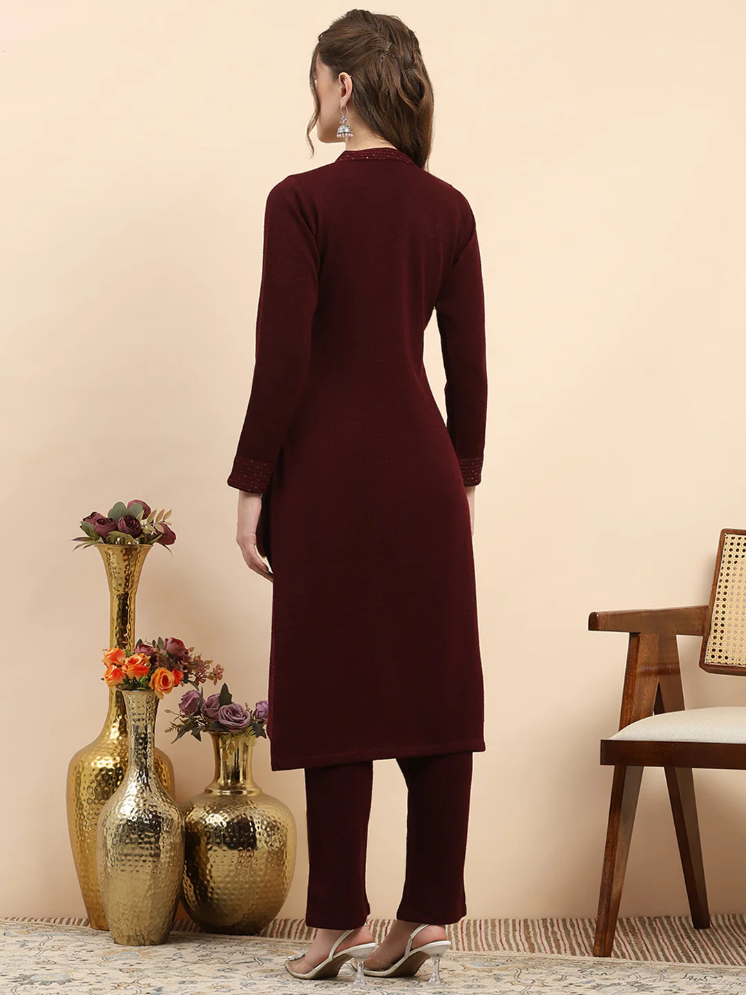 Women Maroon Printed Round Neck Full Sleeve Kurti Set for Winter - Image 5