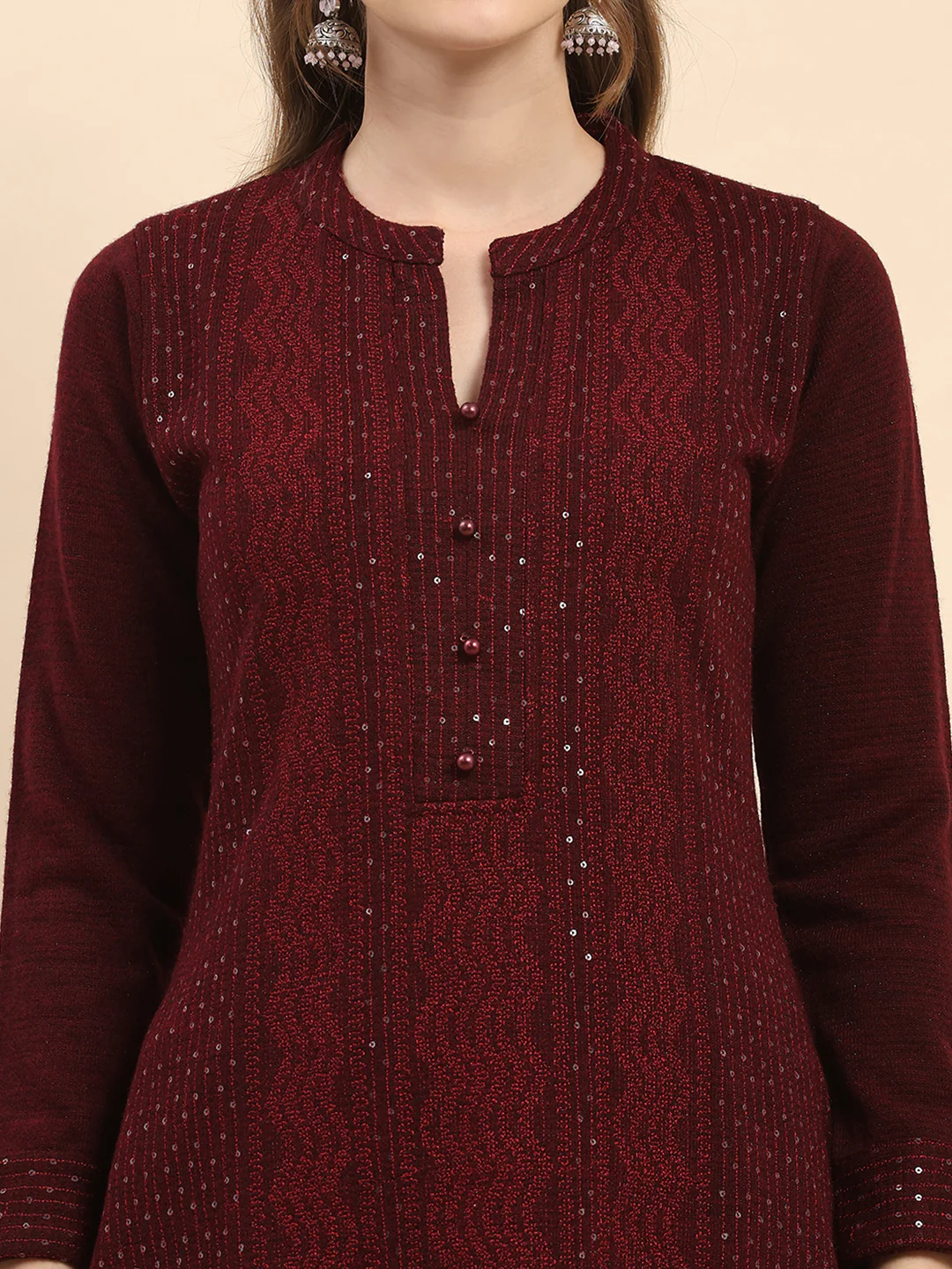 Women Maroon Printed Round Neck Full Sleeve Kurti Set for Winter - Image 7