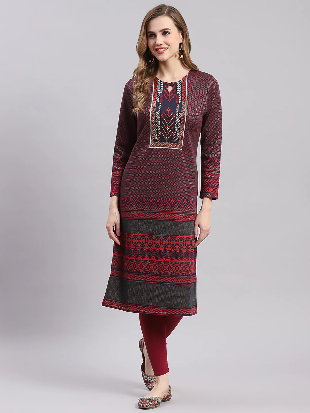 Women Maroon Printed Round Neck Full Sleeve Kurtis - Image 3