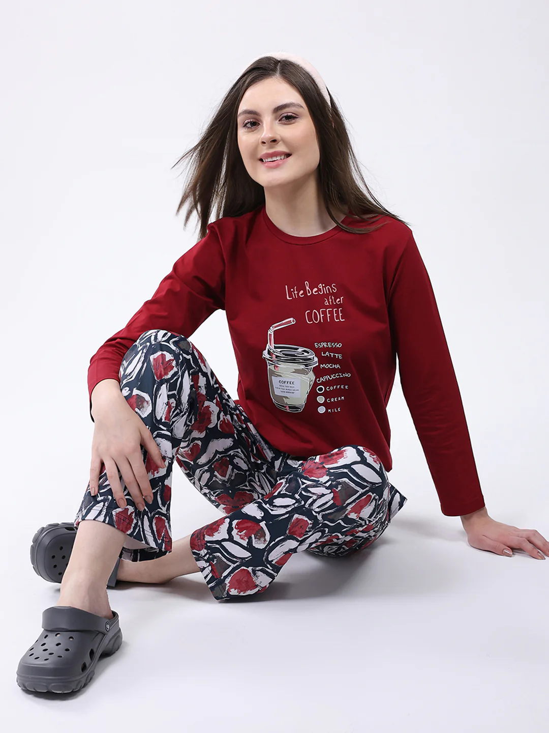 Women Maroon Printed Round Neck Full Sleeve Lower Set - Image 2