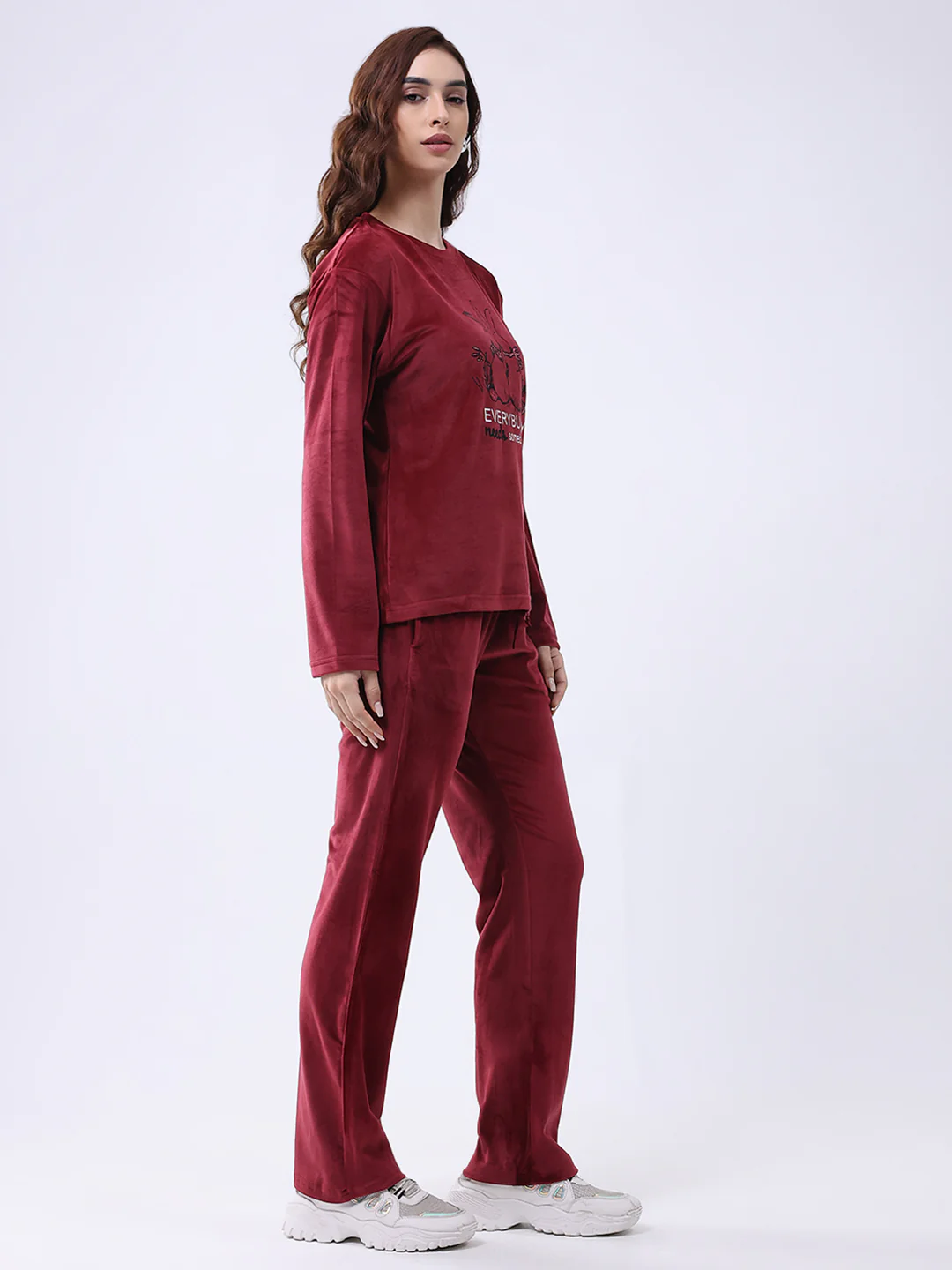 Women Maroon Printed Round Neck Full Sleeve Lower Set - Image 4