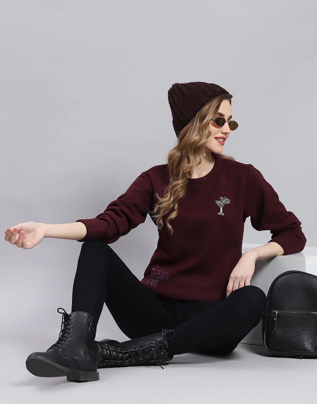 Women Maroon Printed Round Neck Full Sleeve Sweatshirt - Image 2