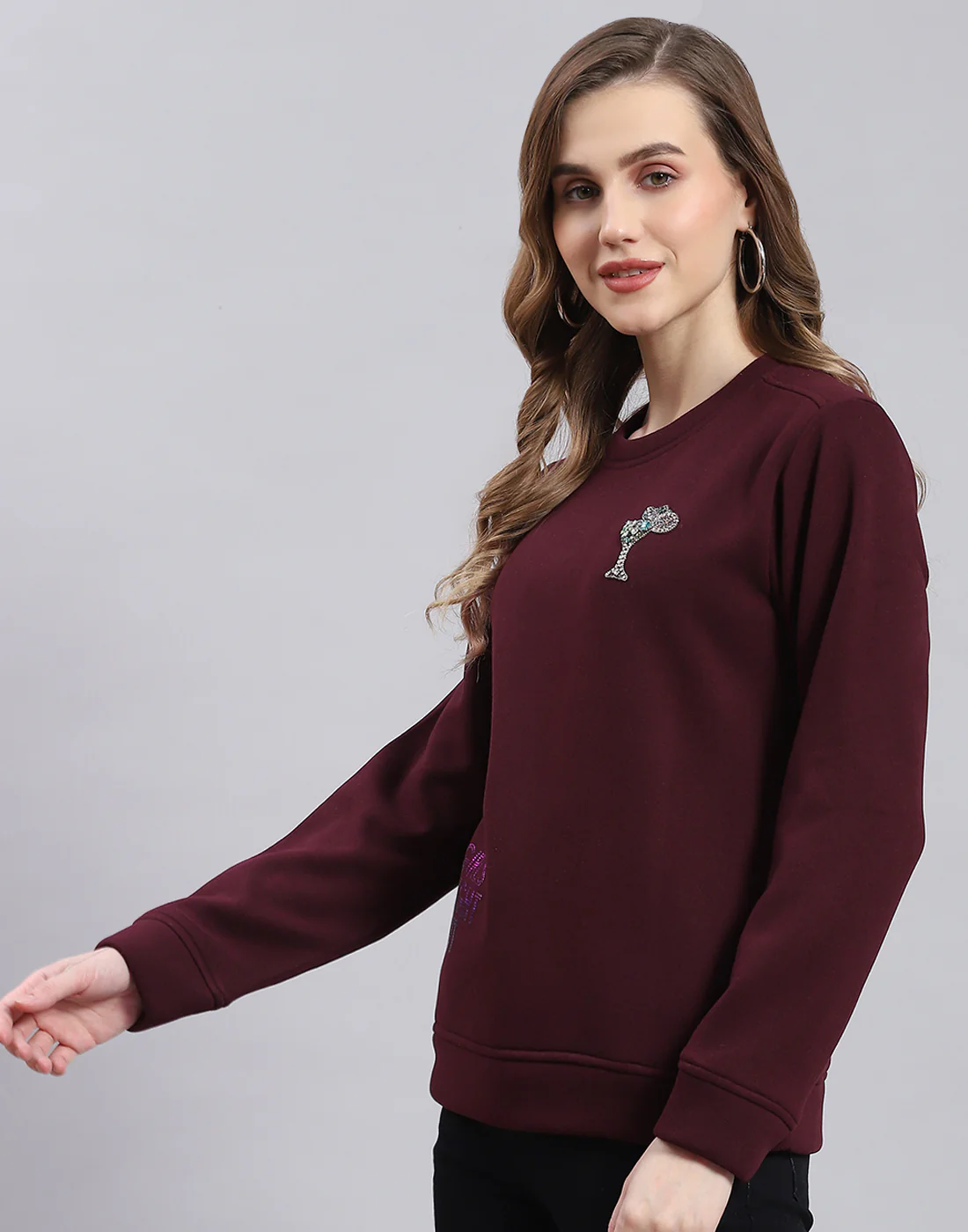 Women Maroon Printed Round Neck Full Sleeve Sweatshirt - Image 4