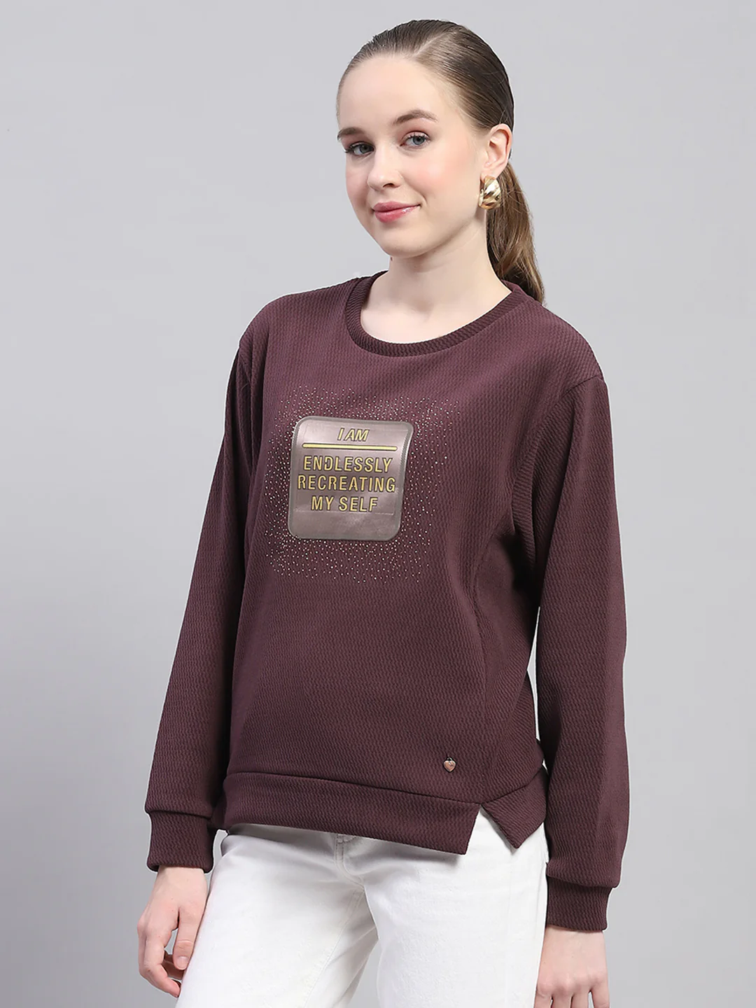 Women Maroon Printed Round Neck Full Sleeve Sweatshirt - Image 3