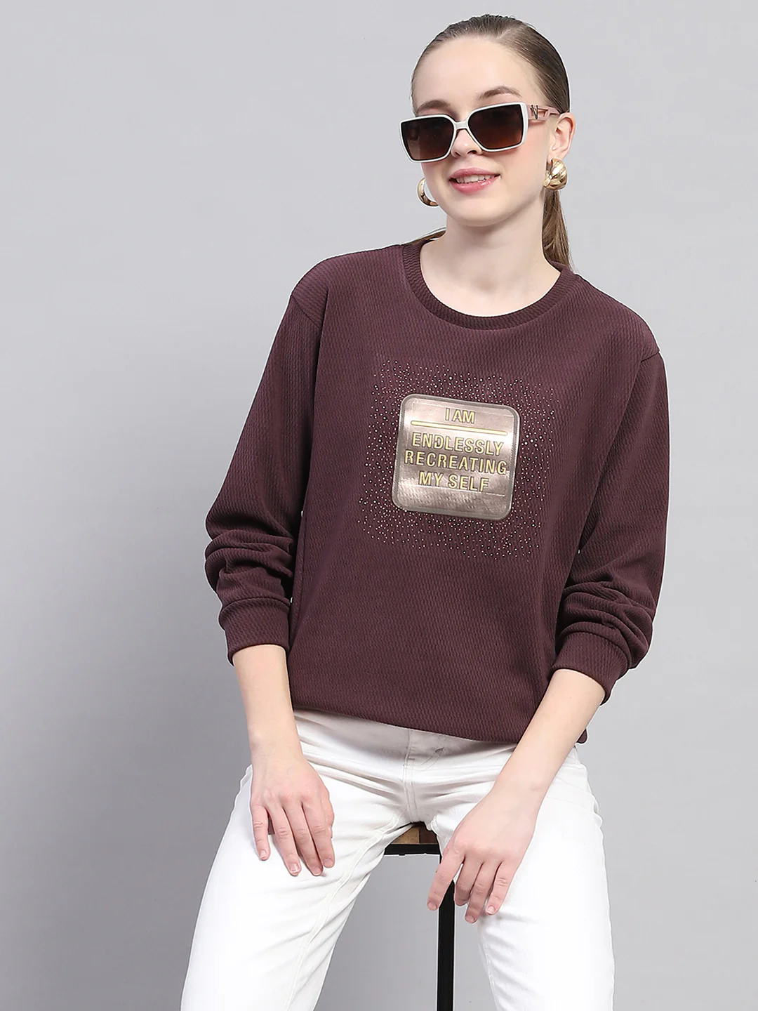 Women Maroon Printed Round Neck Full Sleeve Sweatshirt - Image 6