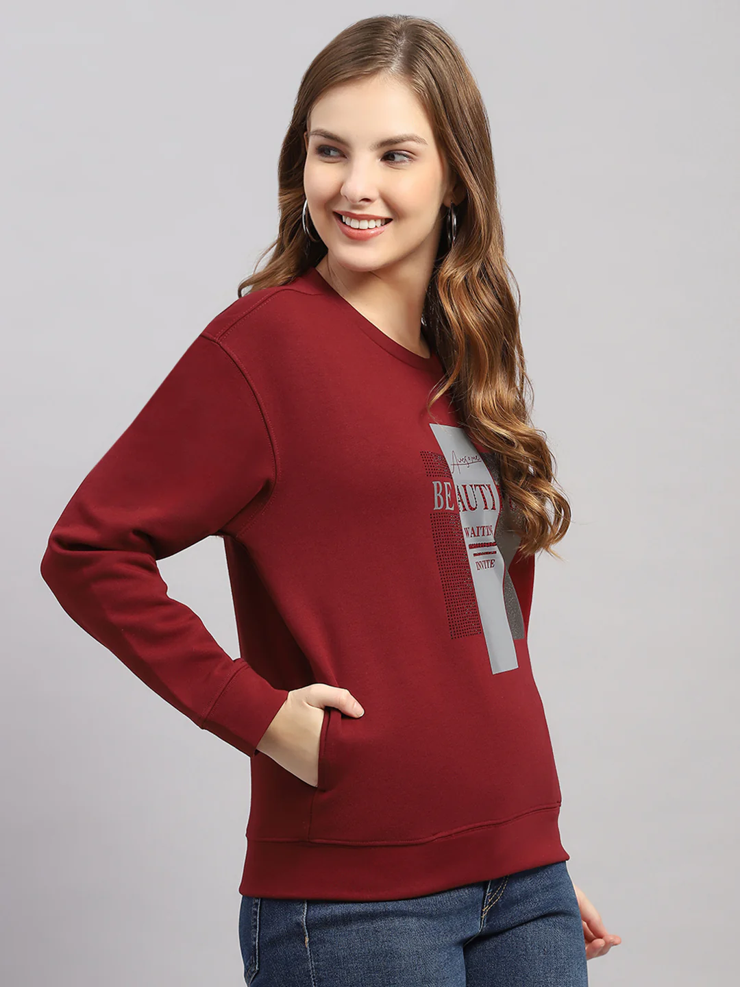 Women Maroon Printed Round Neck Full Sleeve Sweatshirt - Image 4