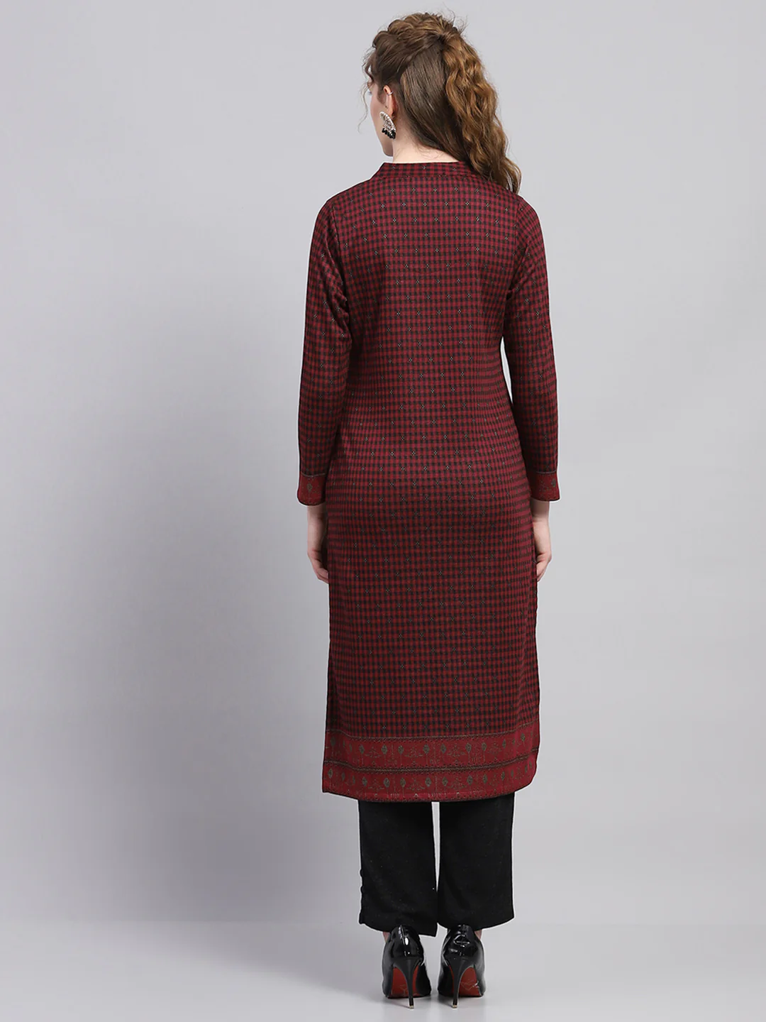 Women Maroon Printed Round Neck Full Sleeve Winter Kurti - Image 5