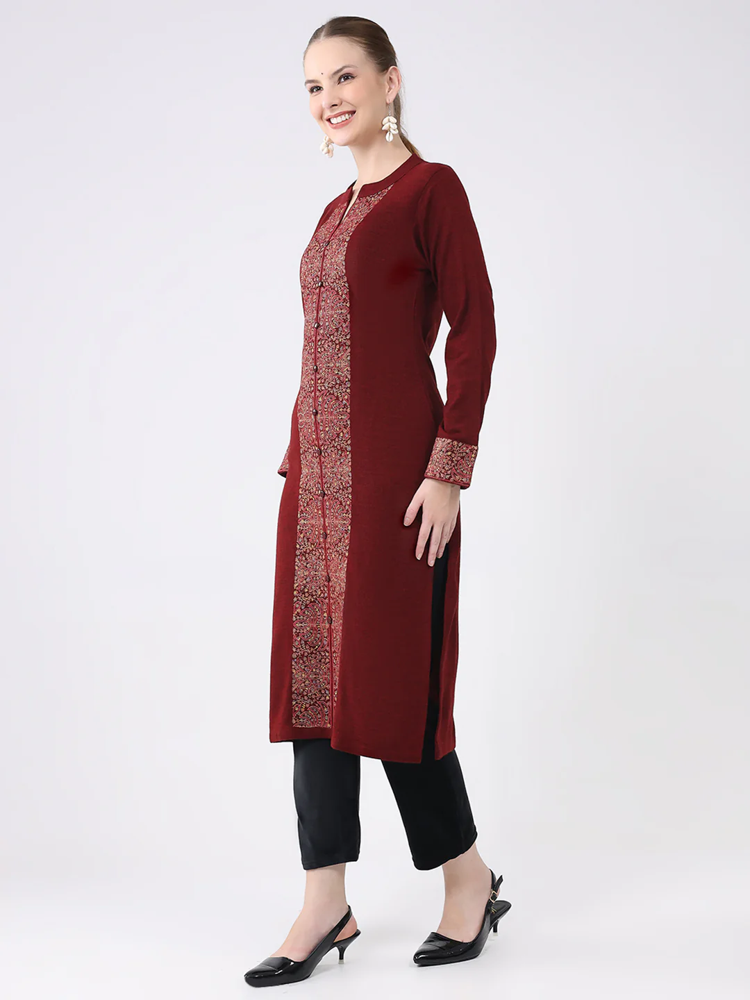 Women Maroon Printed Round Neck Full Sleeve Winter Kurti - Image 3