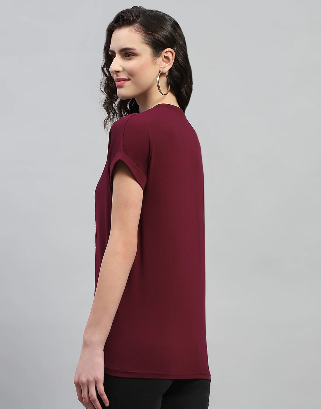 Women Maroon Printed Round Neck Half Sleeve Top - Image 5