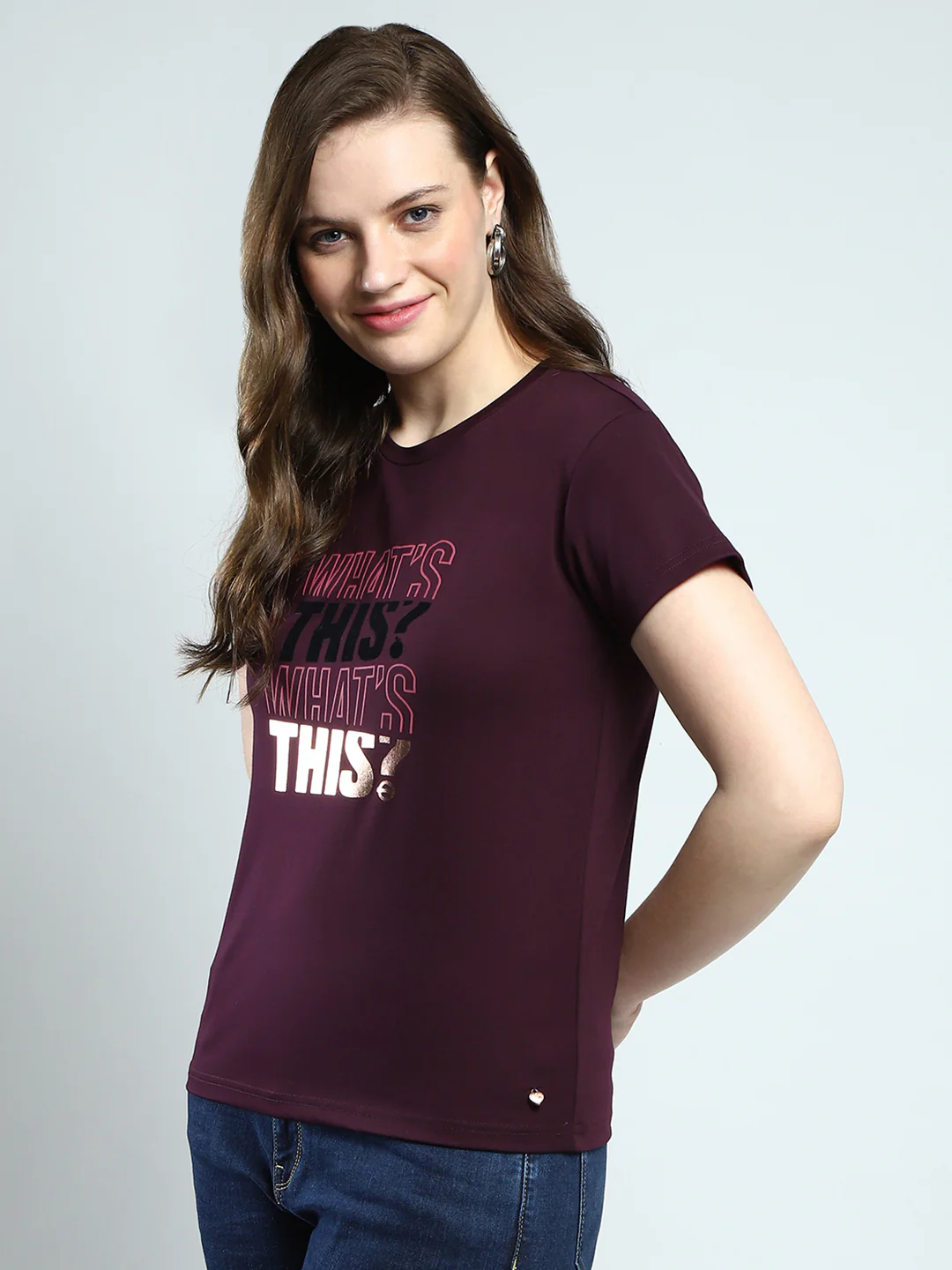 Women Maroon Printed Round Neck Half Sleeve Top - Image 3