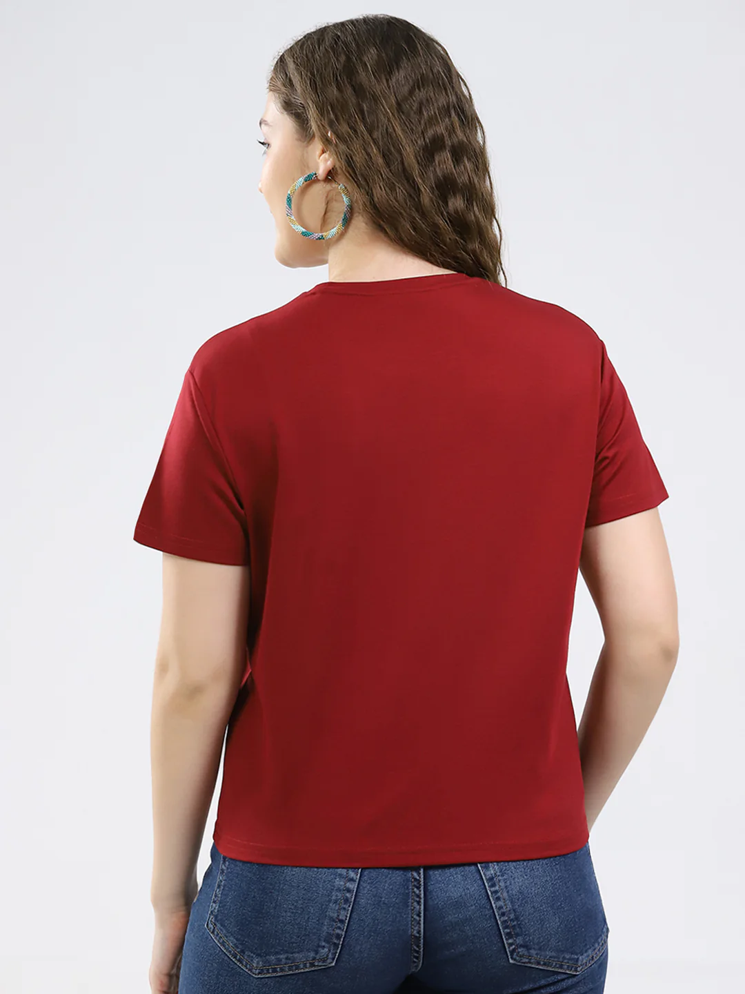 Women Maroon Printed Round Neck Half Sleeve Top - Image 5
