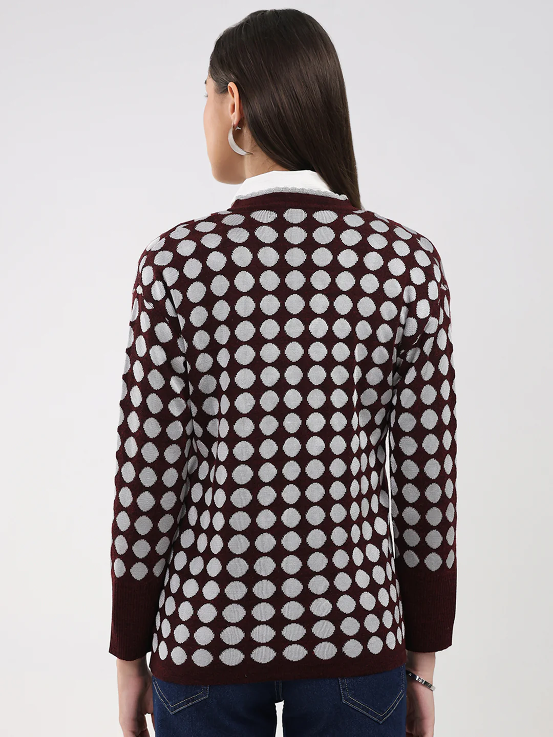 Women Maroon Printed V Neck Full Sleeve Cardigan - Image 5
