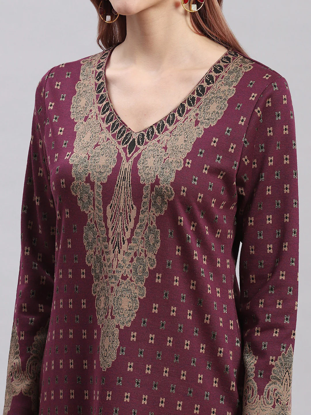 Women Maroon Printed V Neck Full Sleeve Kurtis - Image 2