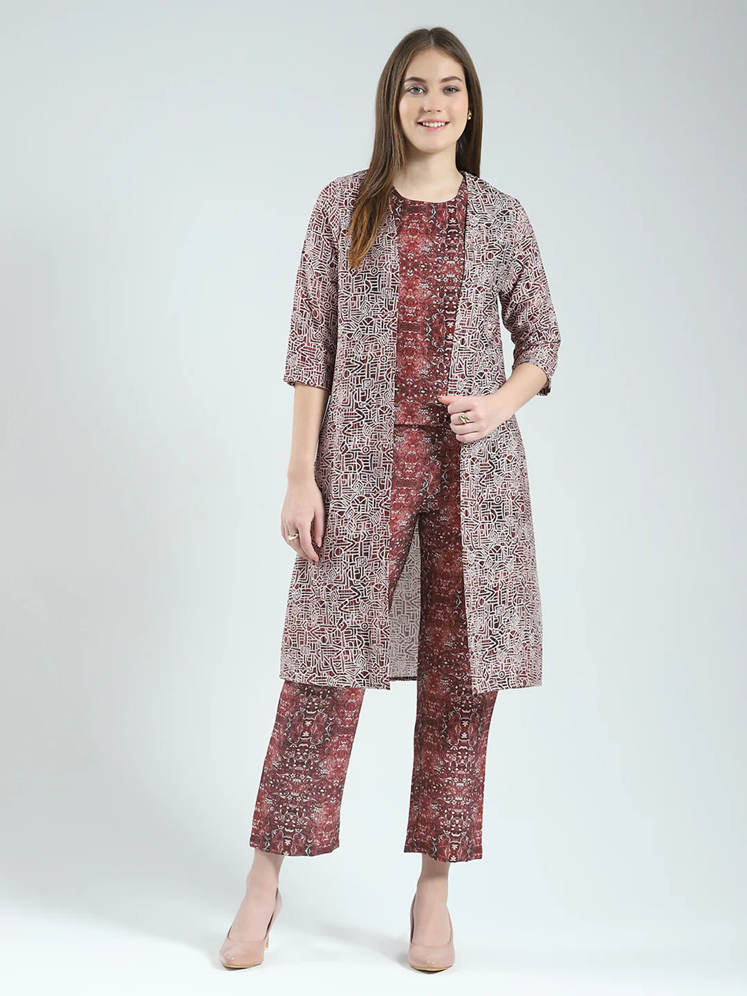Women Maroon Printed Round Neck Sleeveless 3 Pcs Cords Set - Image 3