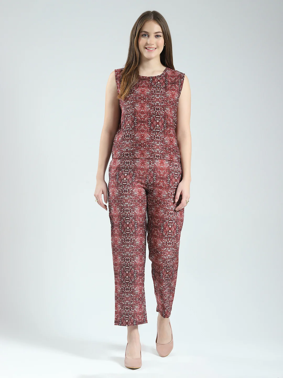 Women Maroon Printed Round Neck Sleeveless 3 Pcs Cords Set - Image 7