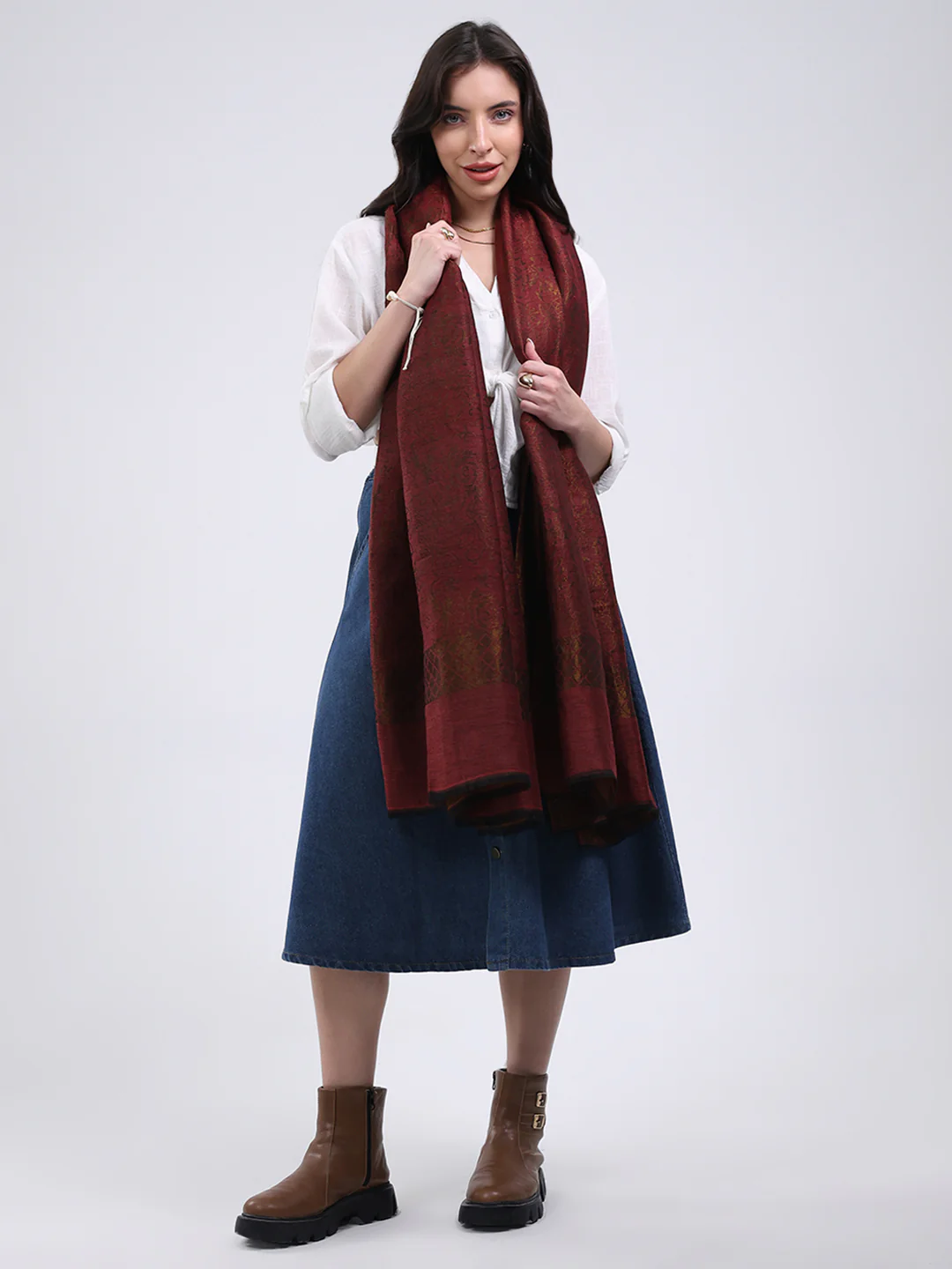 Women Maroon Printed Wool Blend Shawl - Image 5