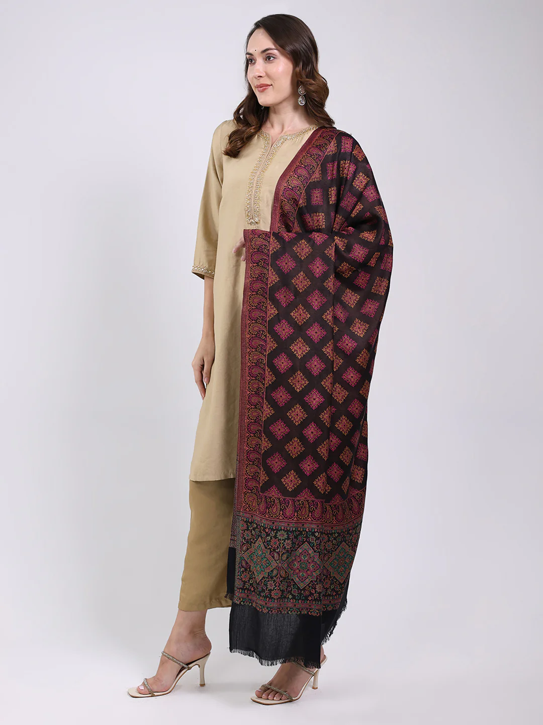 Women Maroon Printed Wool Blend Shawl - Image 3