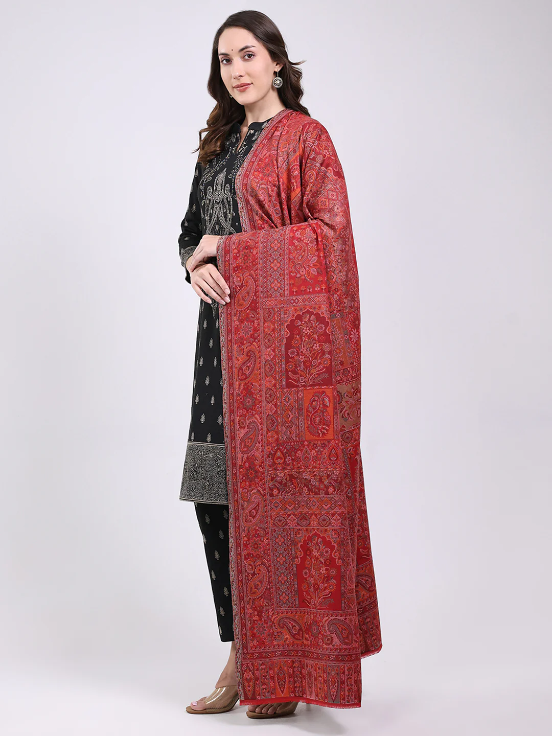 Women Maroon Printed Wool Blend Shawl - Image 3