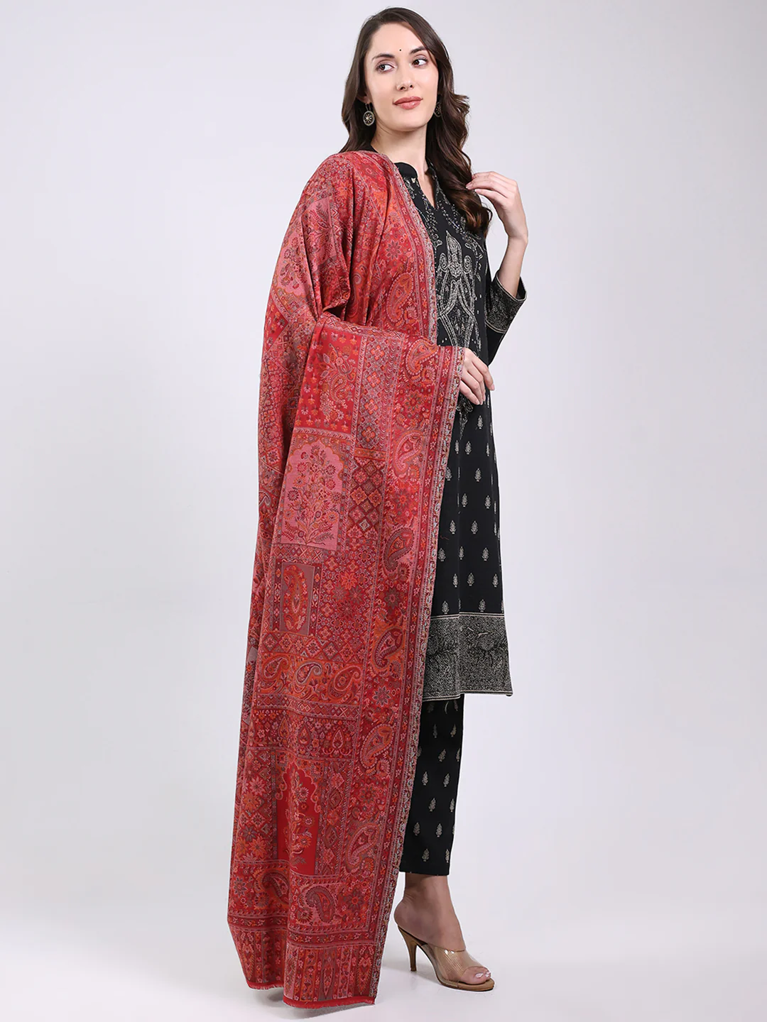 Women Maroon Printed Wool Blend Shawl - Image 4