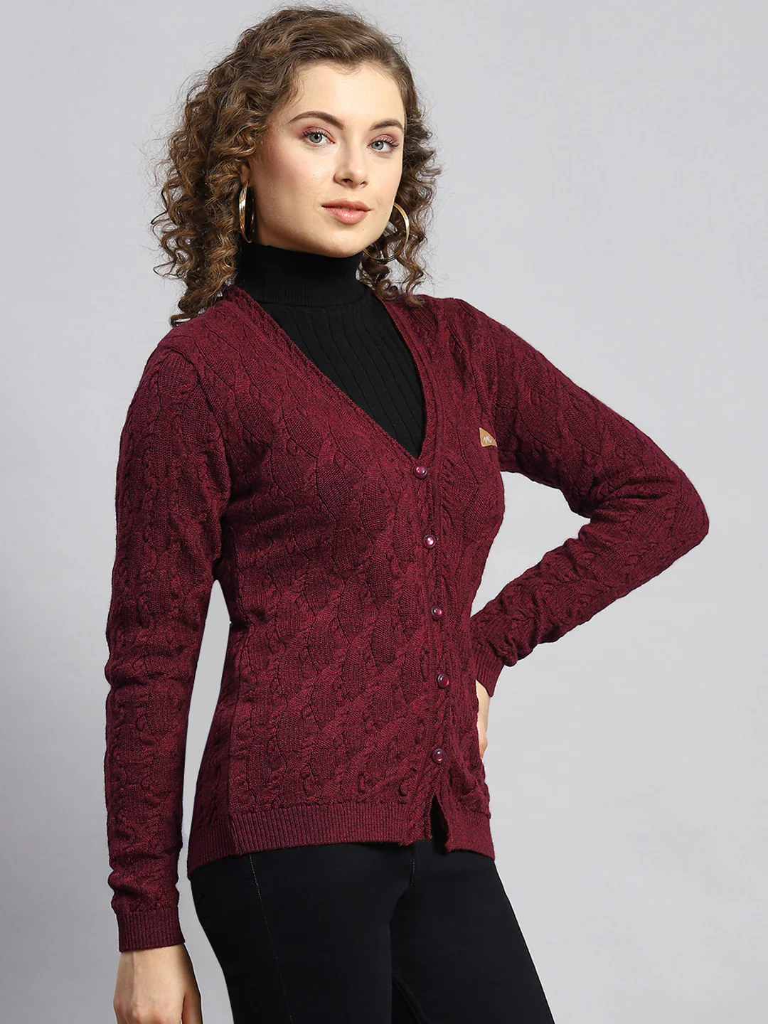Women Maroon Self Cardigan - Image 3