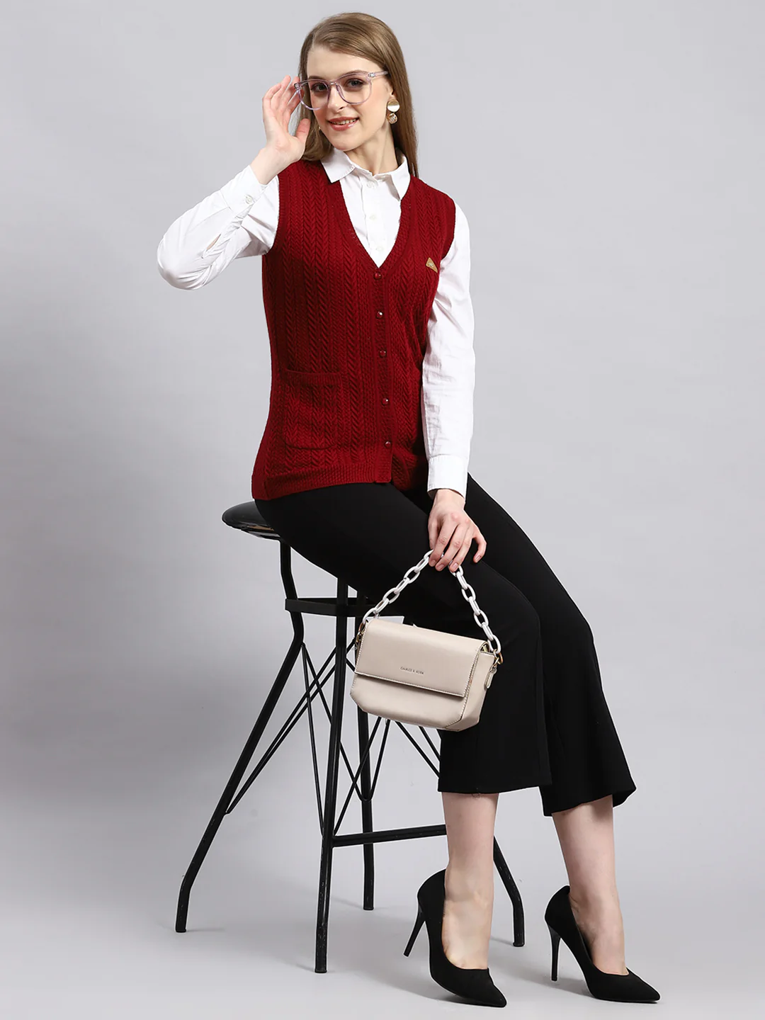 Women Maroon Self Cardigan - Image 5