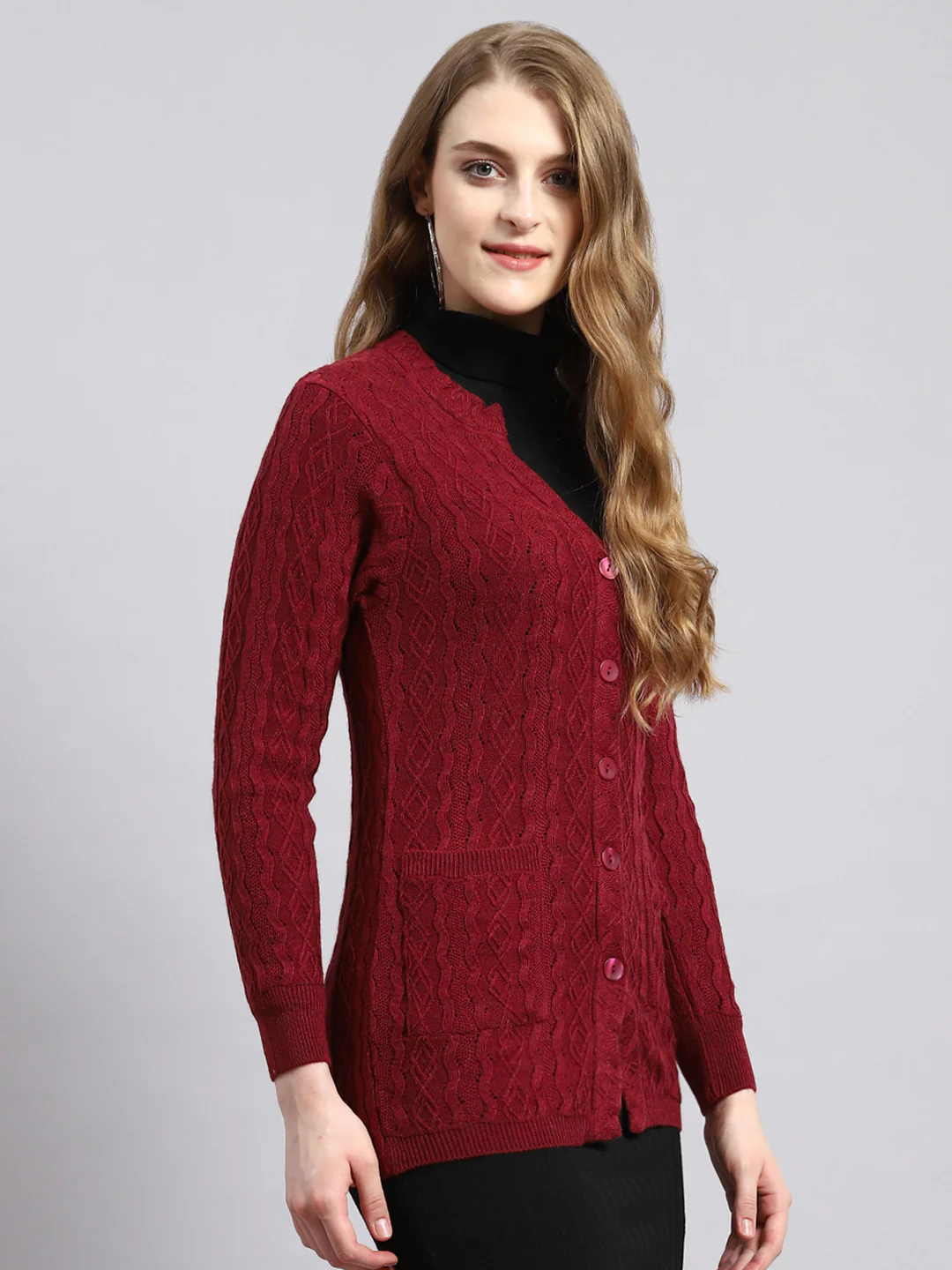 Women Maroon Self Cardigan - Image 2