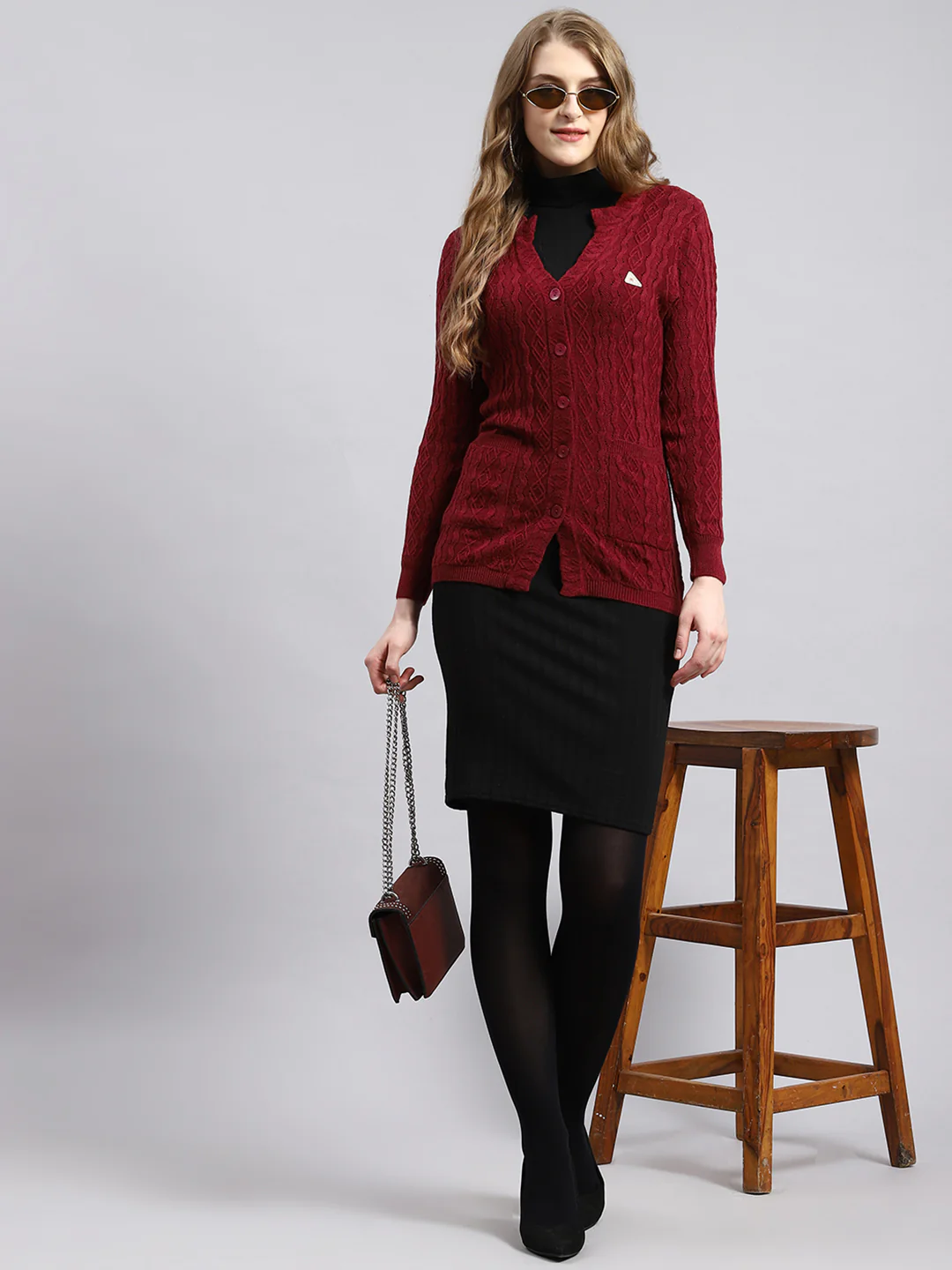 Women Maroon Self Cardigan - Image 5