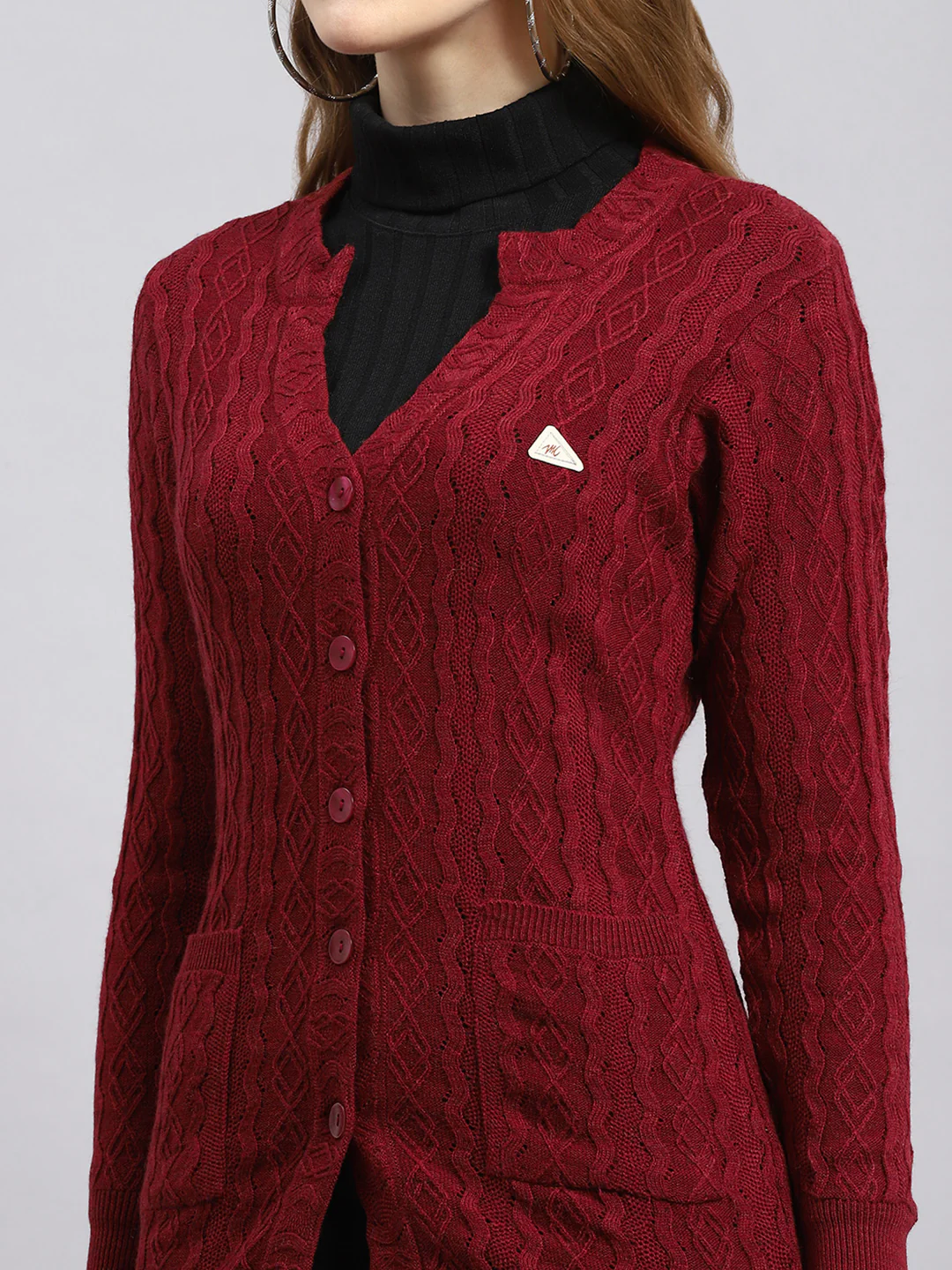 Women Maroon Self Cardigan - Image 6