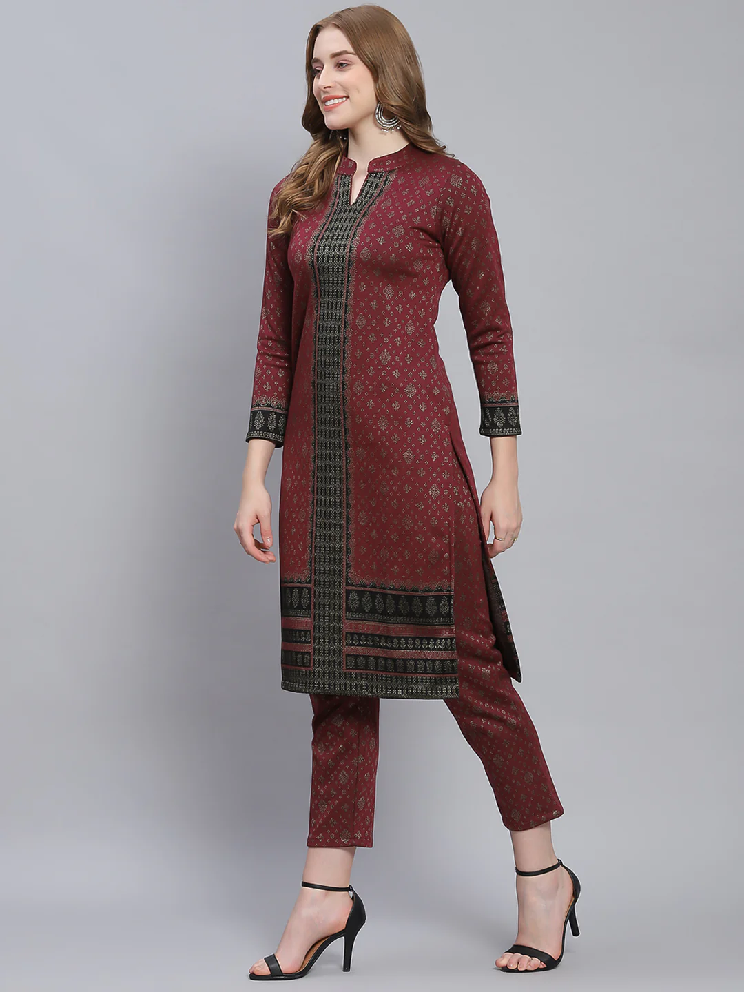 Women Maroon Self Design Collar Full Sleeve Kurtis Set - Image 4