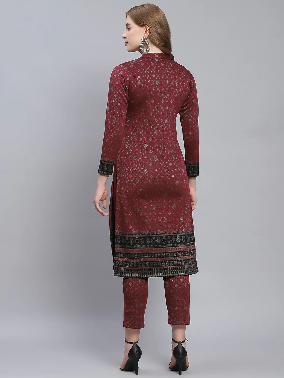 Women Maroon Self Design Collar Full Sleeve Kurtis Set - Image 6