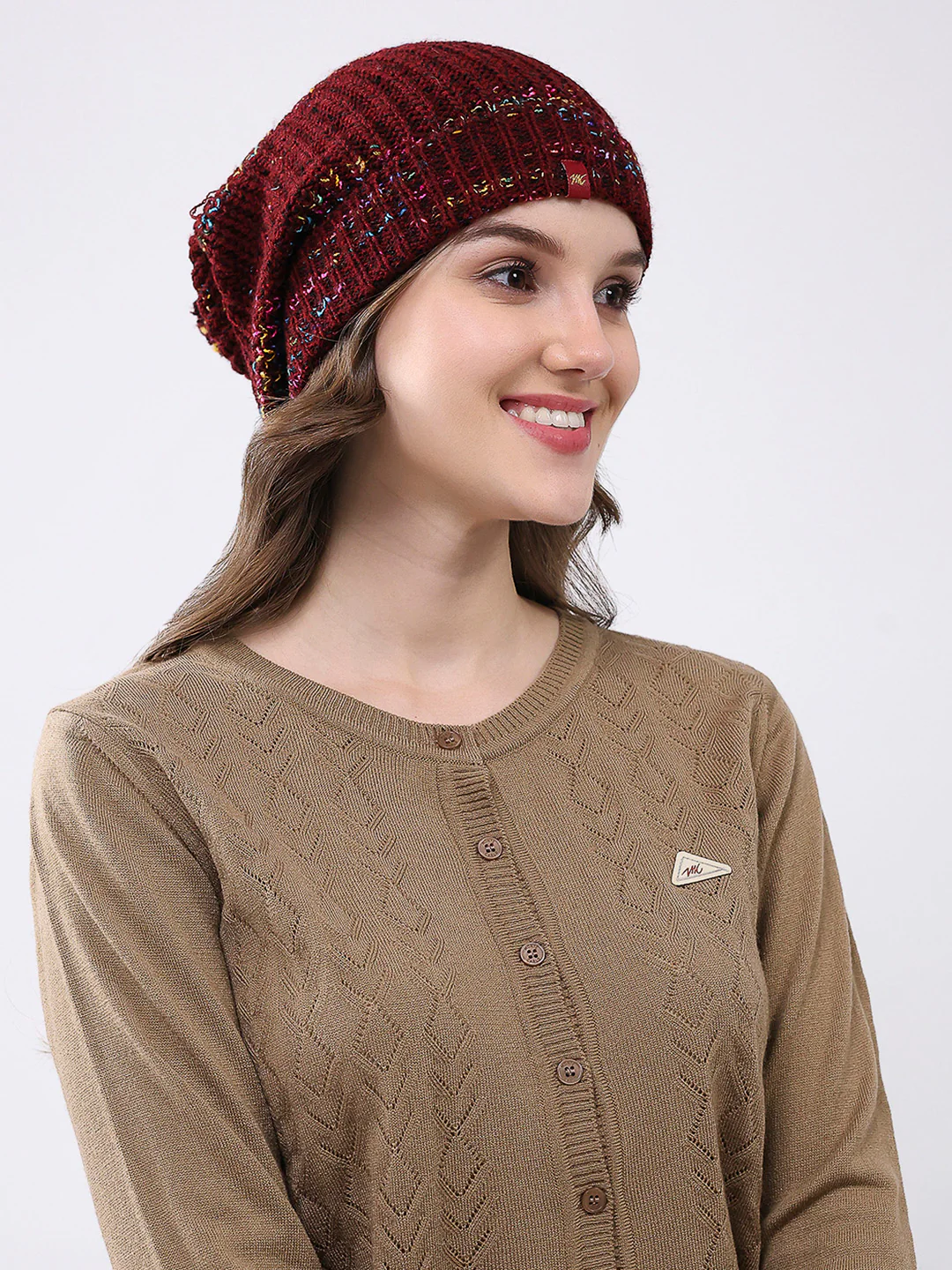 Women Maroon Self Design Blend Wool Cap - Image 4