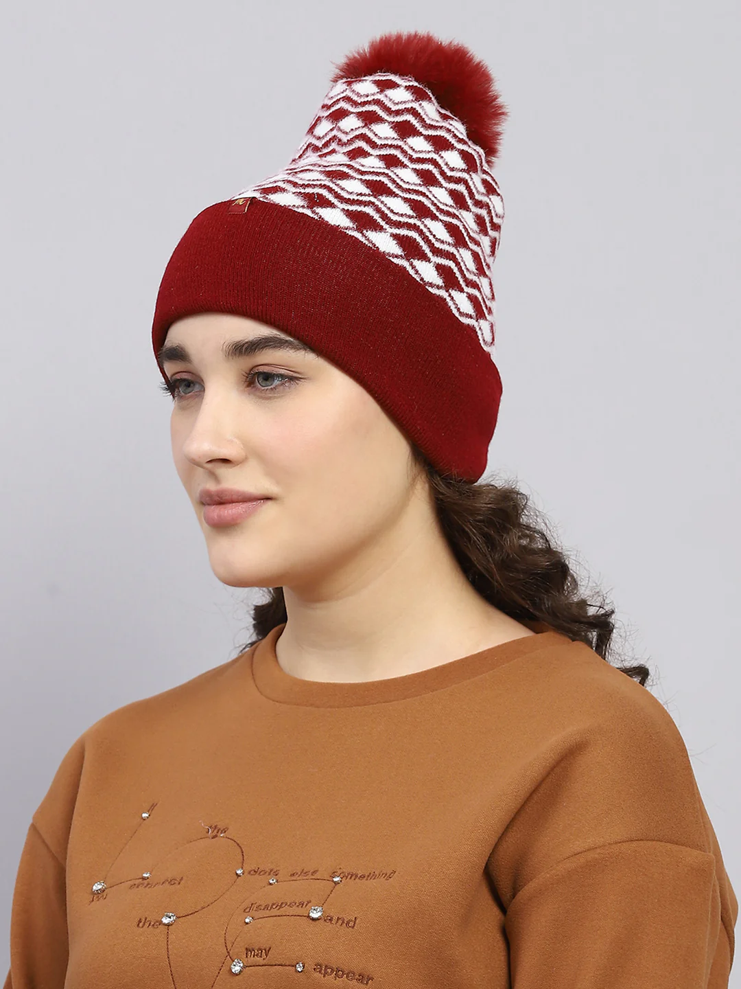 Women Maroon Self Design Cap - Image 3
