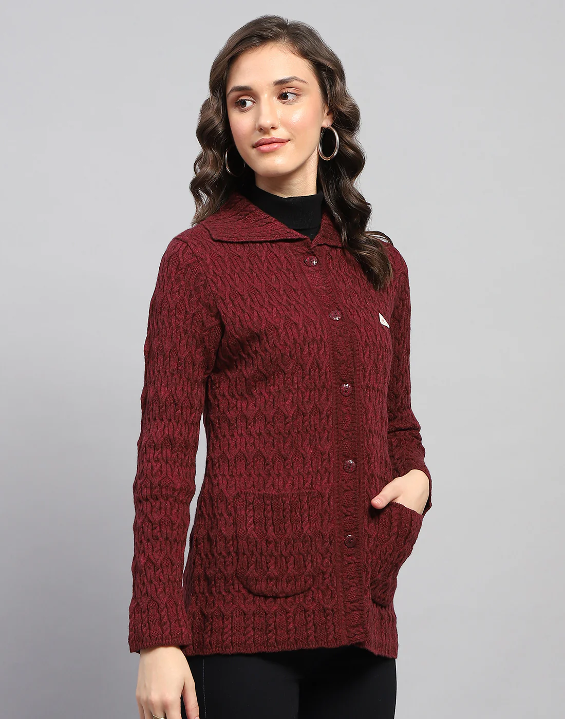 Women Maroon Self Design Collar Full Sleeve Cardigan - Image 4