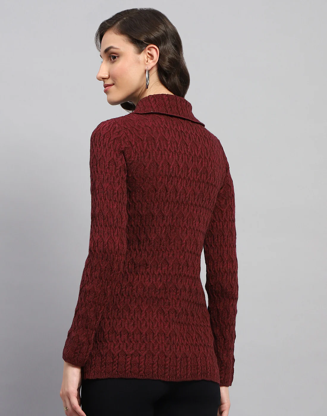 Women Maroon Self Design Collar Full Sleeve Cardigan - Image 5
