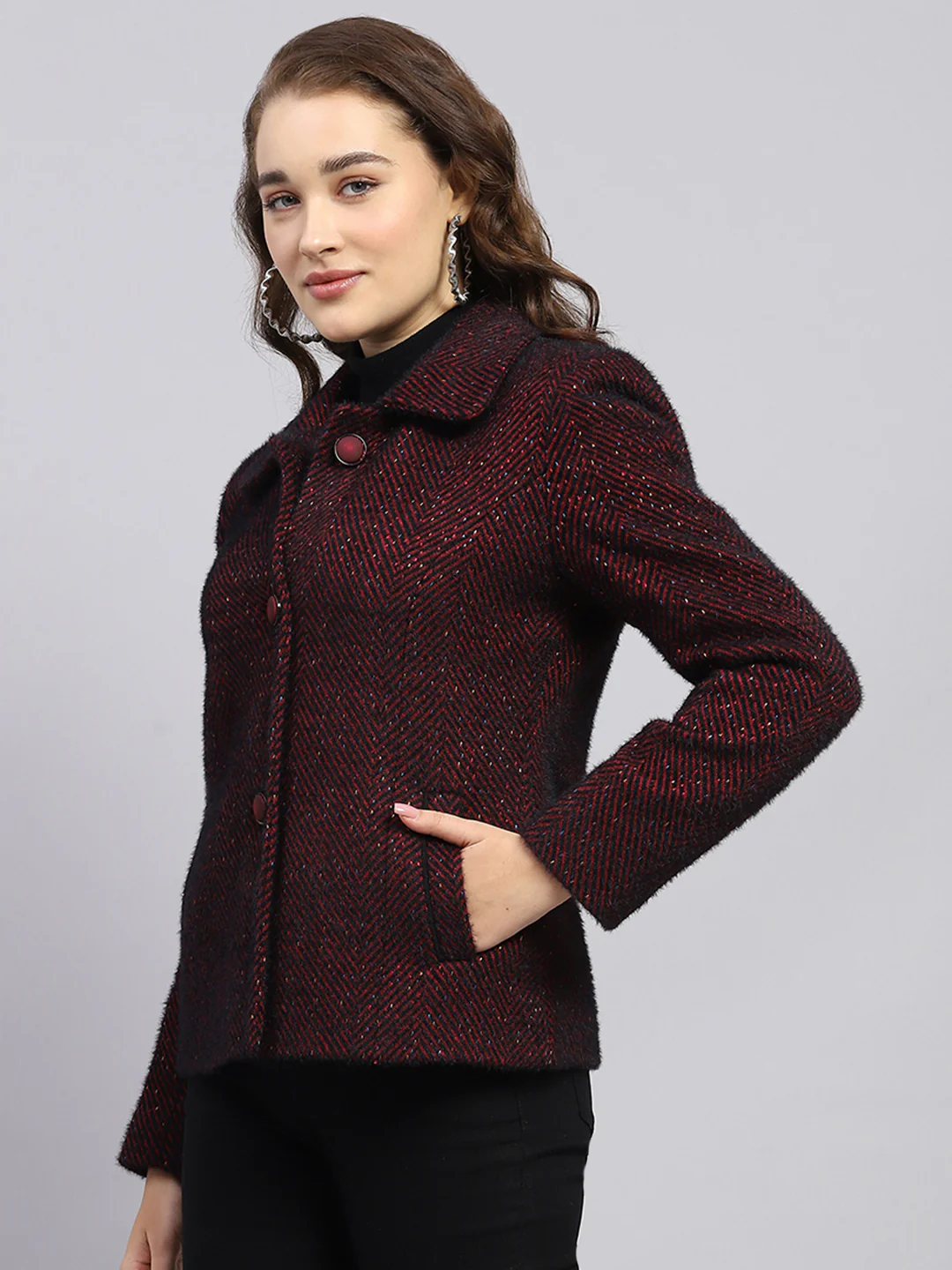 Women Maroon Self Design Collar Full Sleeve Coat - Image 3